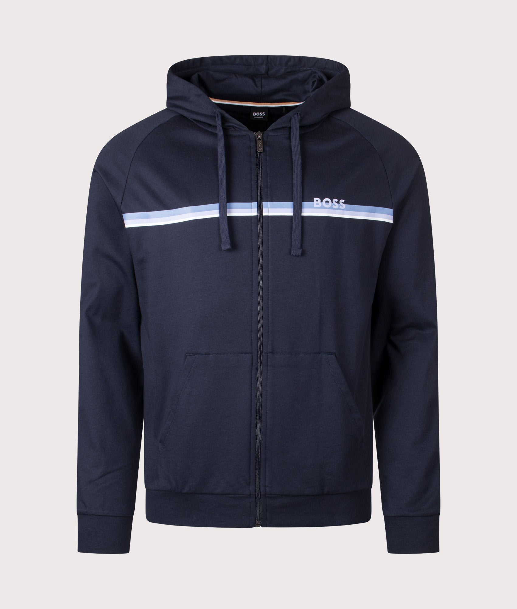 Striped Authentic Zip Through Hoodie in Dark Blue | 100% Cotton | BOSS | EQVVS | Front shot 