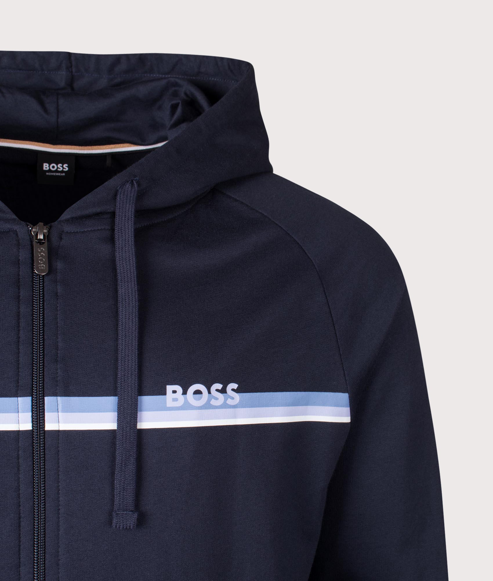 Striped Authentic Zip Through Hoodie in Dark Blue | 100% Cotton | BOSS | EQVVS | Front detail shot 
