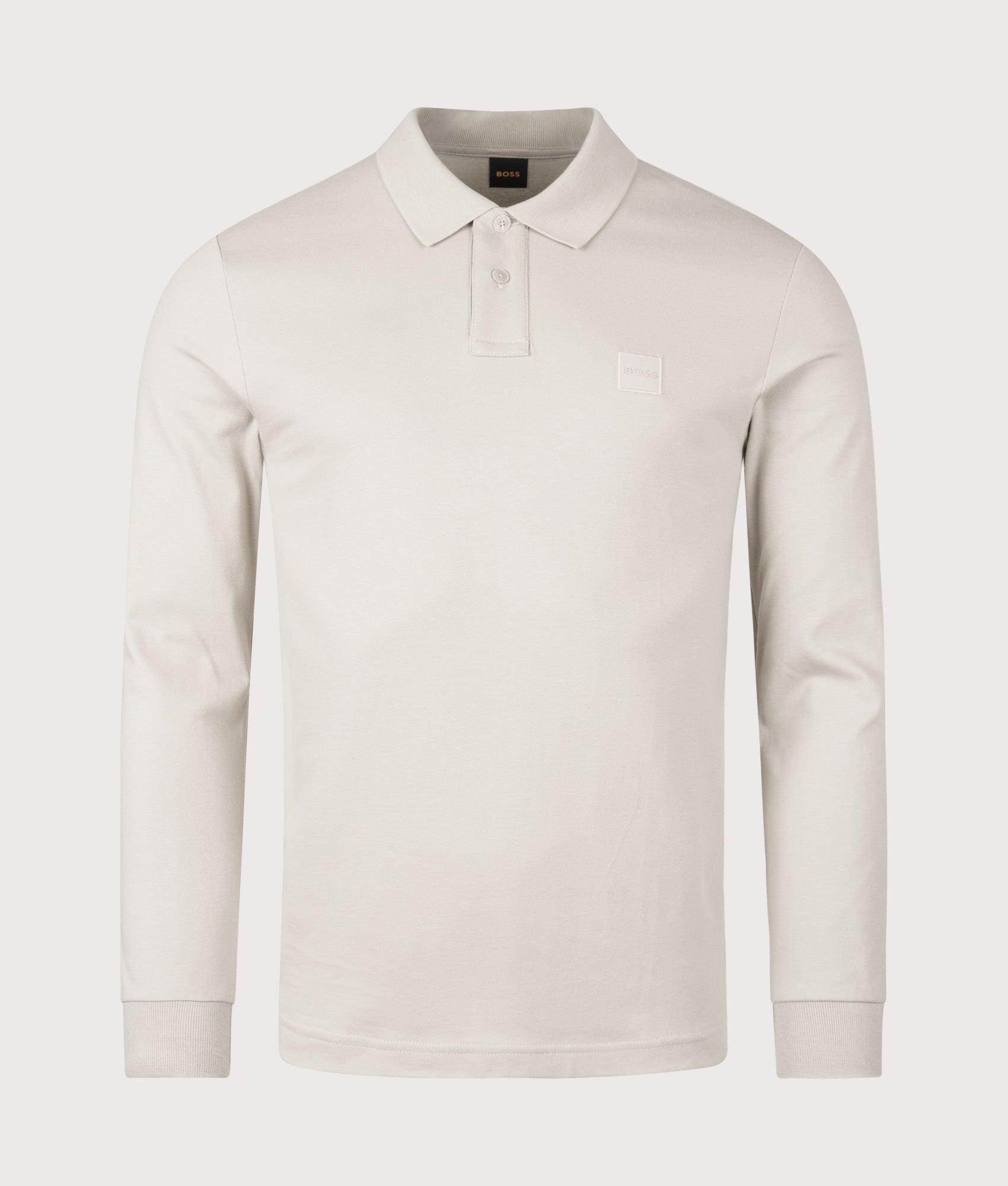 BOSS Slim Fit Passerby Long Sleeve Polo Shirt in Open Grey at EQVVS Menswear. Front shot.