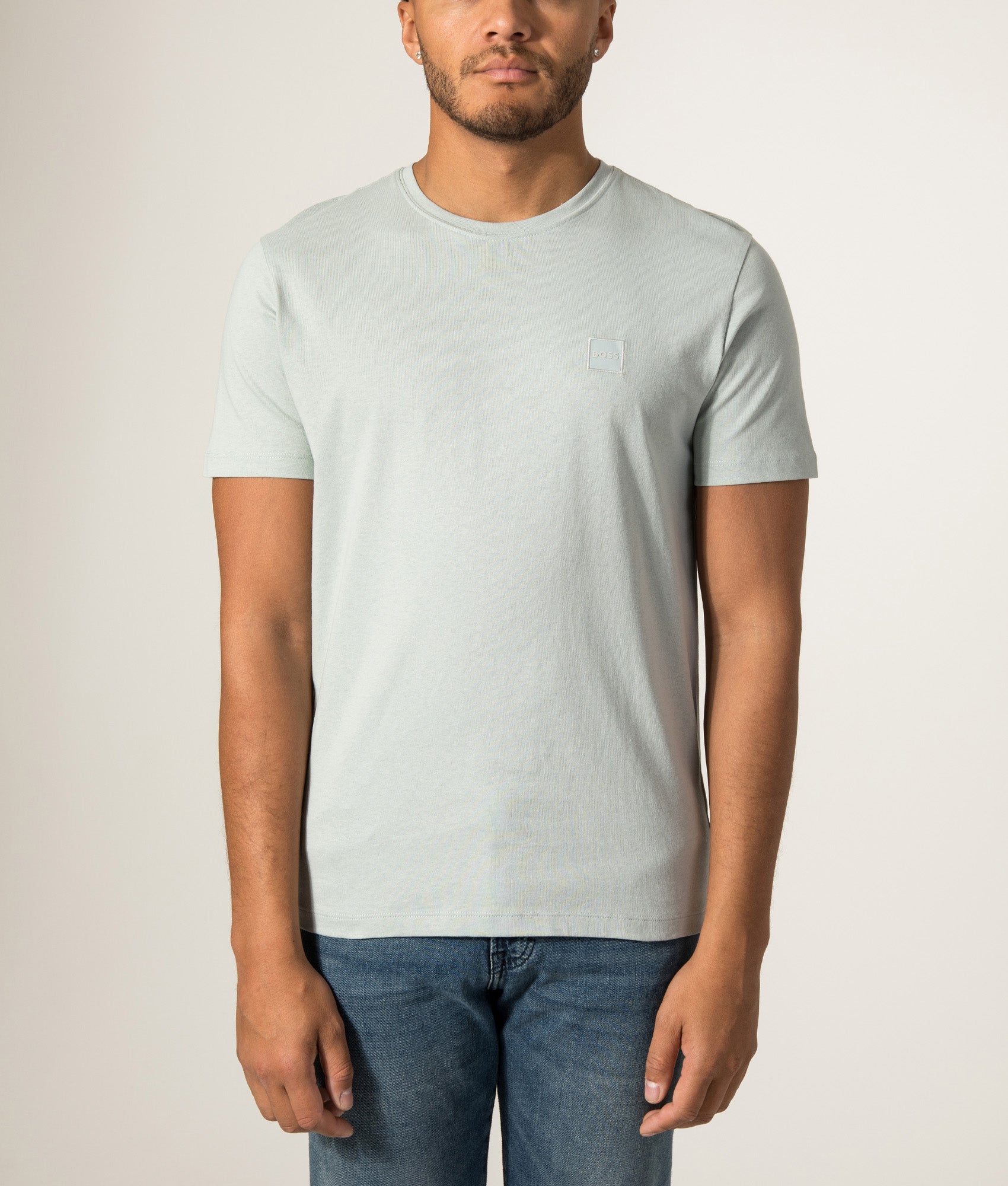 BOSS Tales T-Shirt in Silver at EQVVS Menswear. Model front shot.