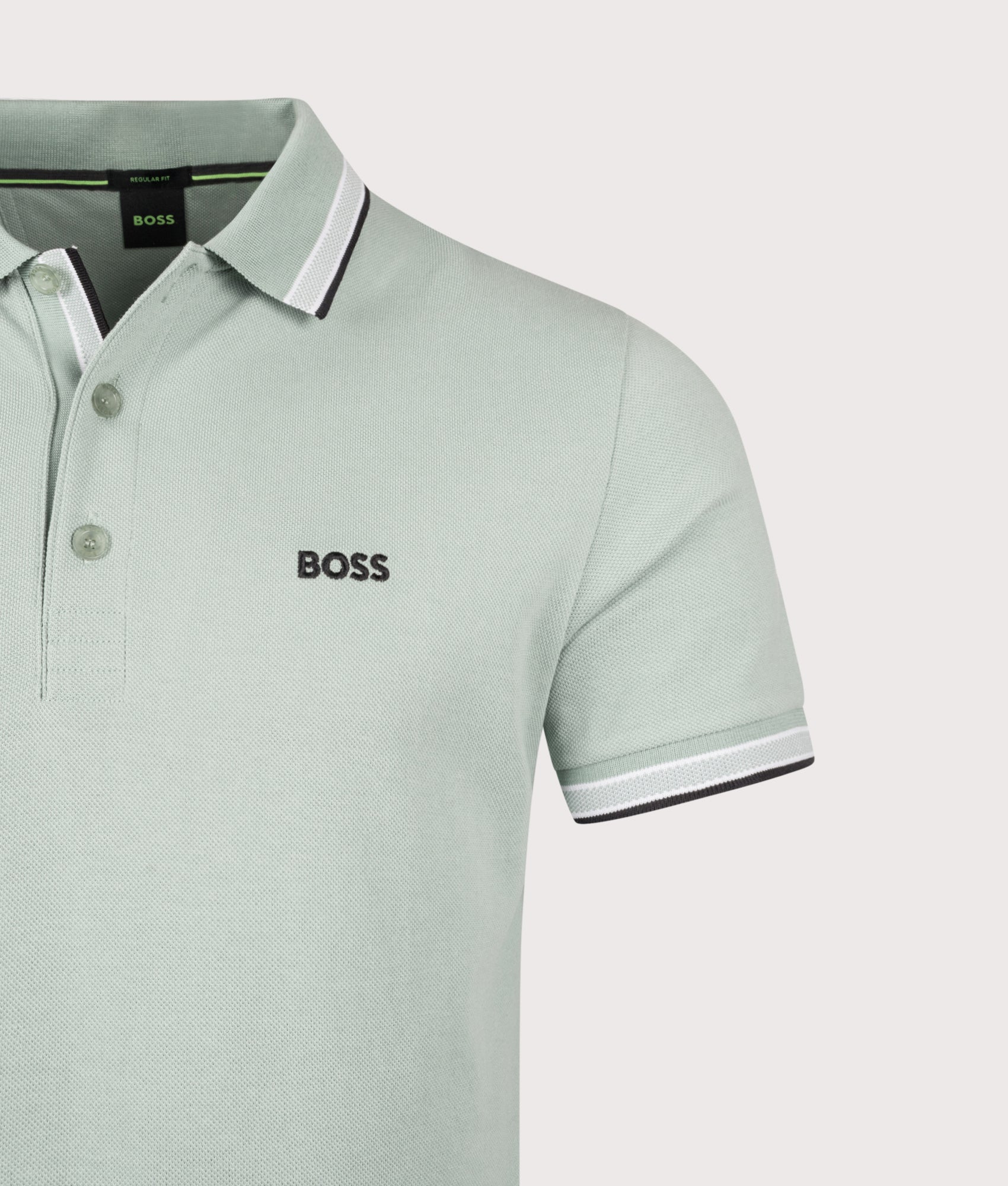 Paddy Polo Shirt in Open Green | 100% Cotton | BOSS | EQVVS | Front detail shot 