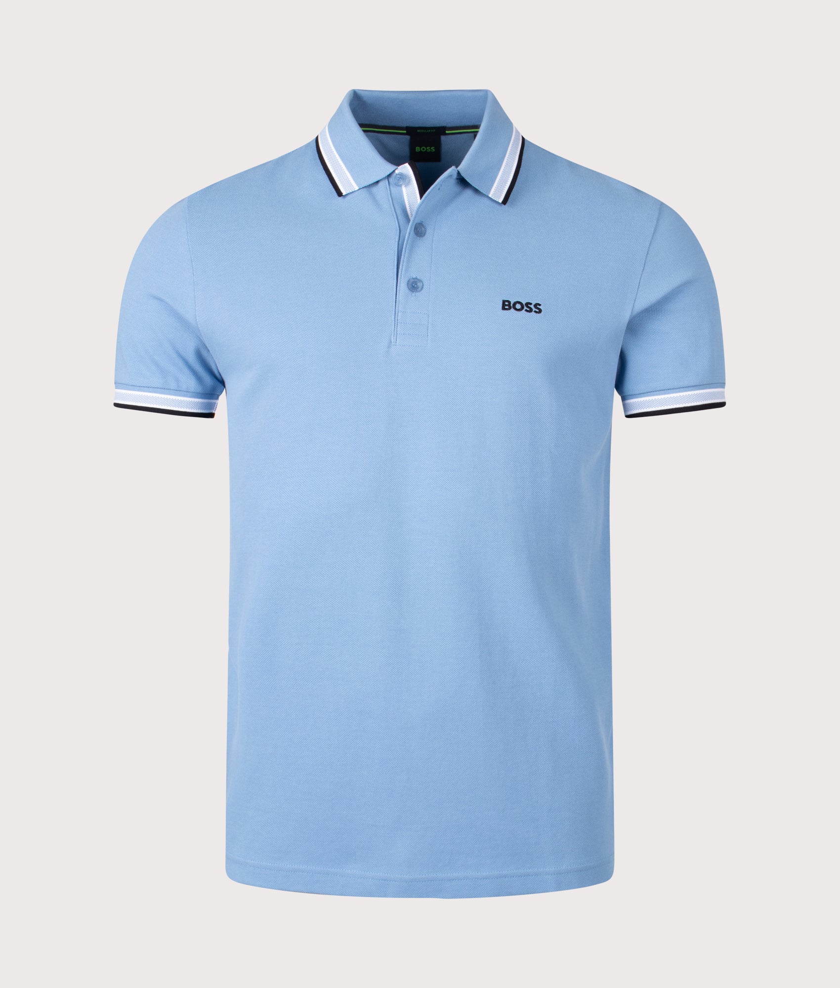 BOSS Paddy Polo Shirt in Open Blue at EQVVS Menswear. Front shot.