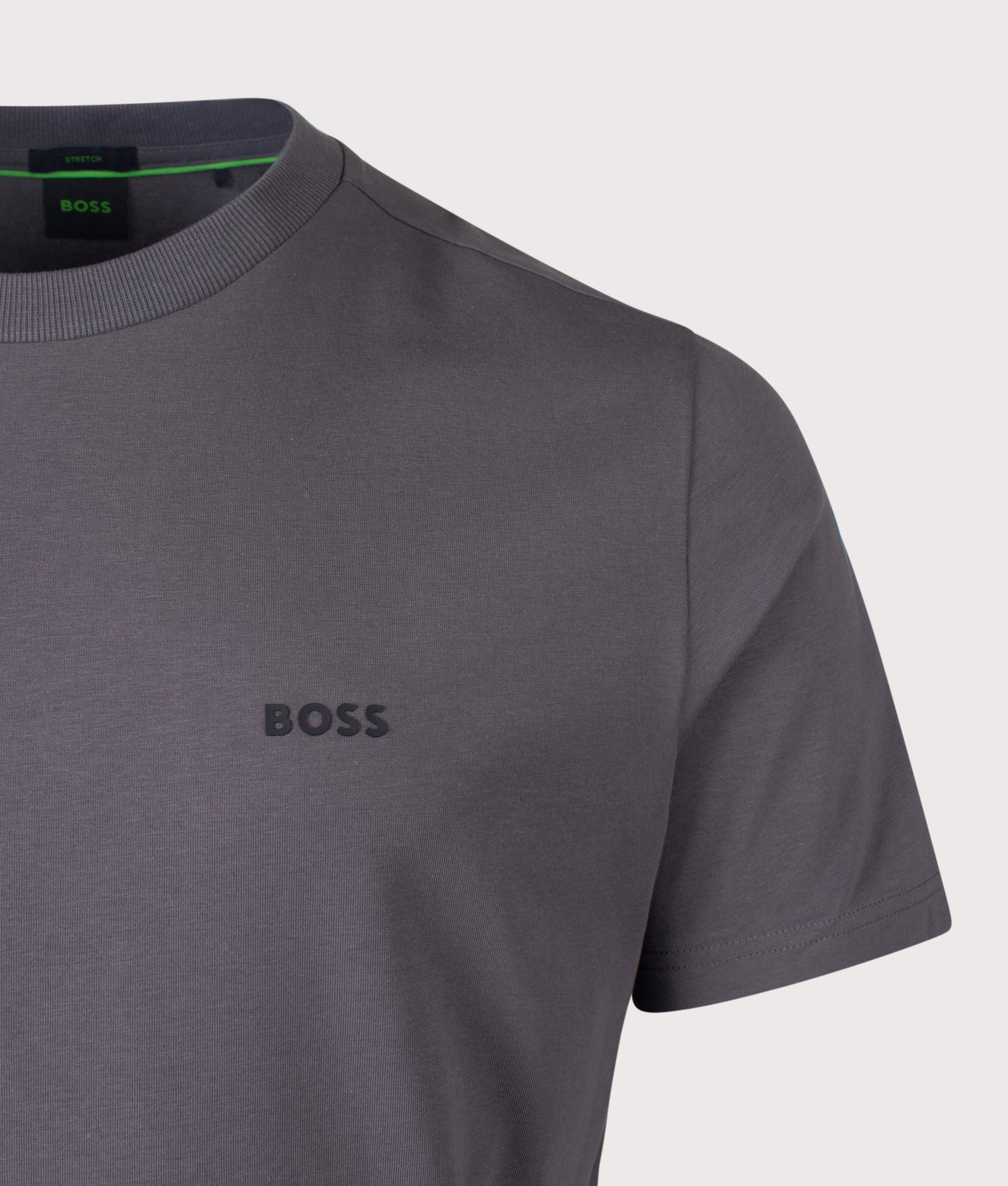 Crew Neck Tee T-Shirt in Open Grey by BOSS. Shot by EQVVS. Detail Shot.
