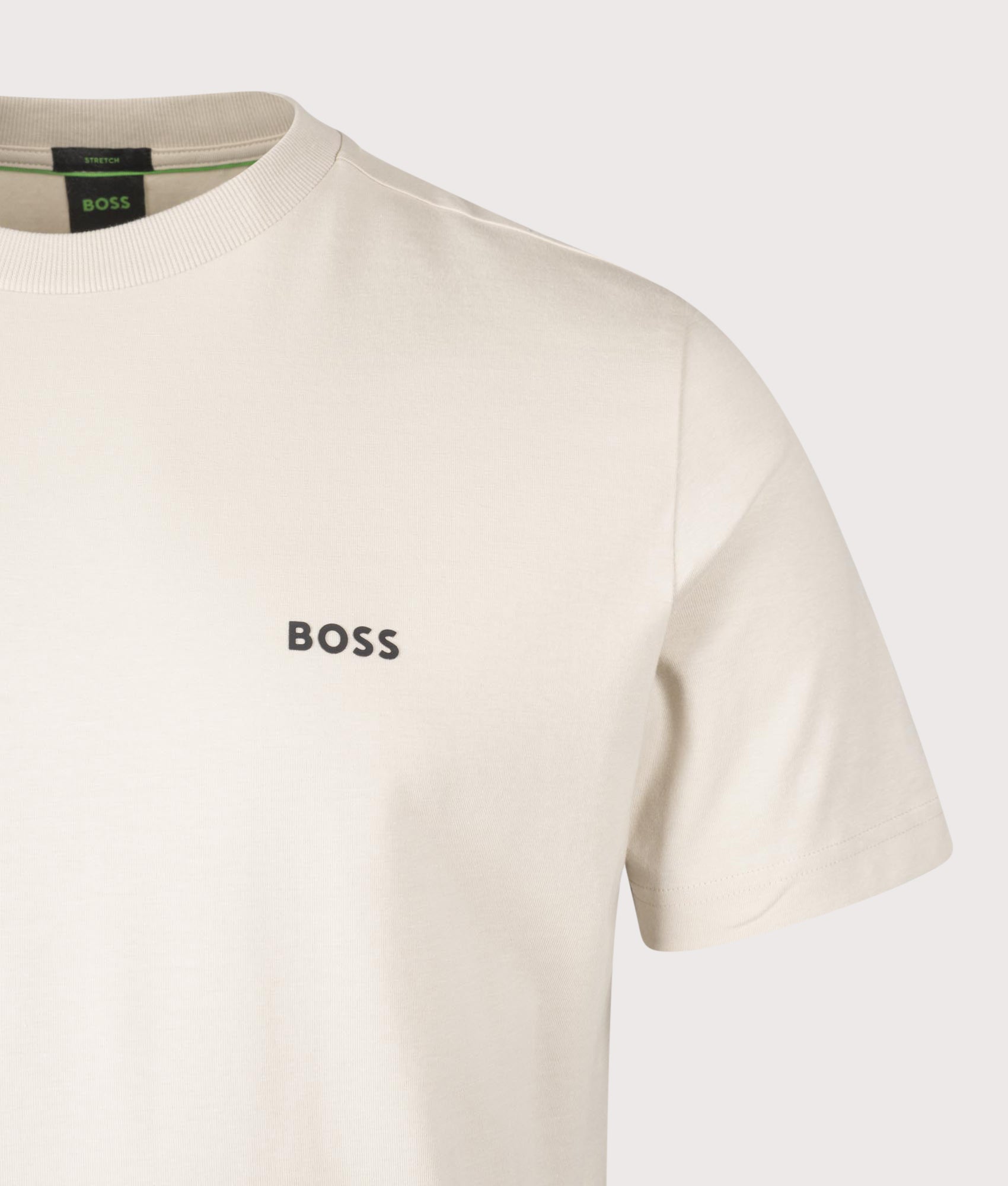 Crew Neck T-Shirt in Light Beige | 100% Cotton | BOSS | EQVVS | Front detail shot 