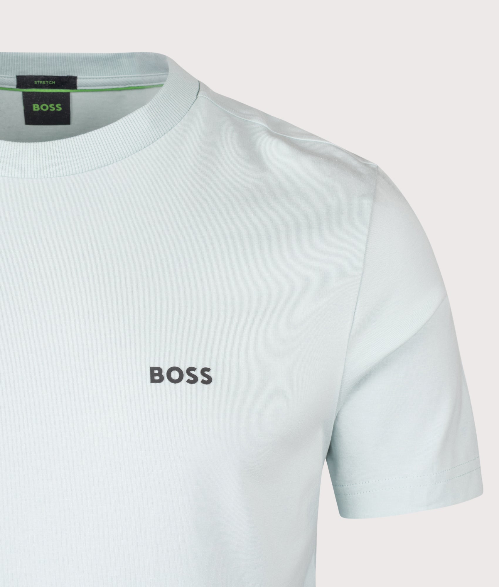 BOSS Crew Neck Tee T-Shirt in Turquoise/Aqua at EQVVS Menswear. Detail shot.