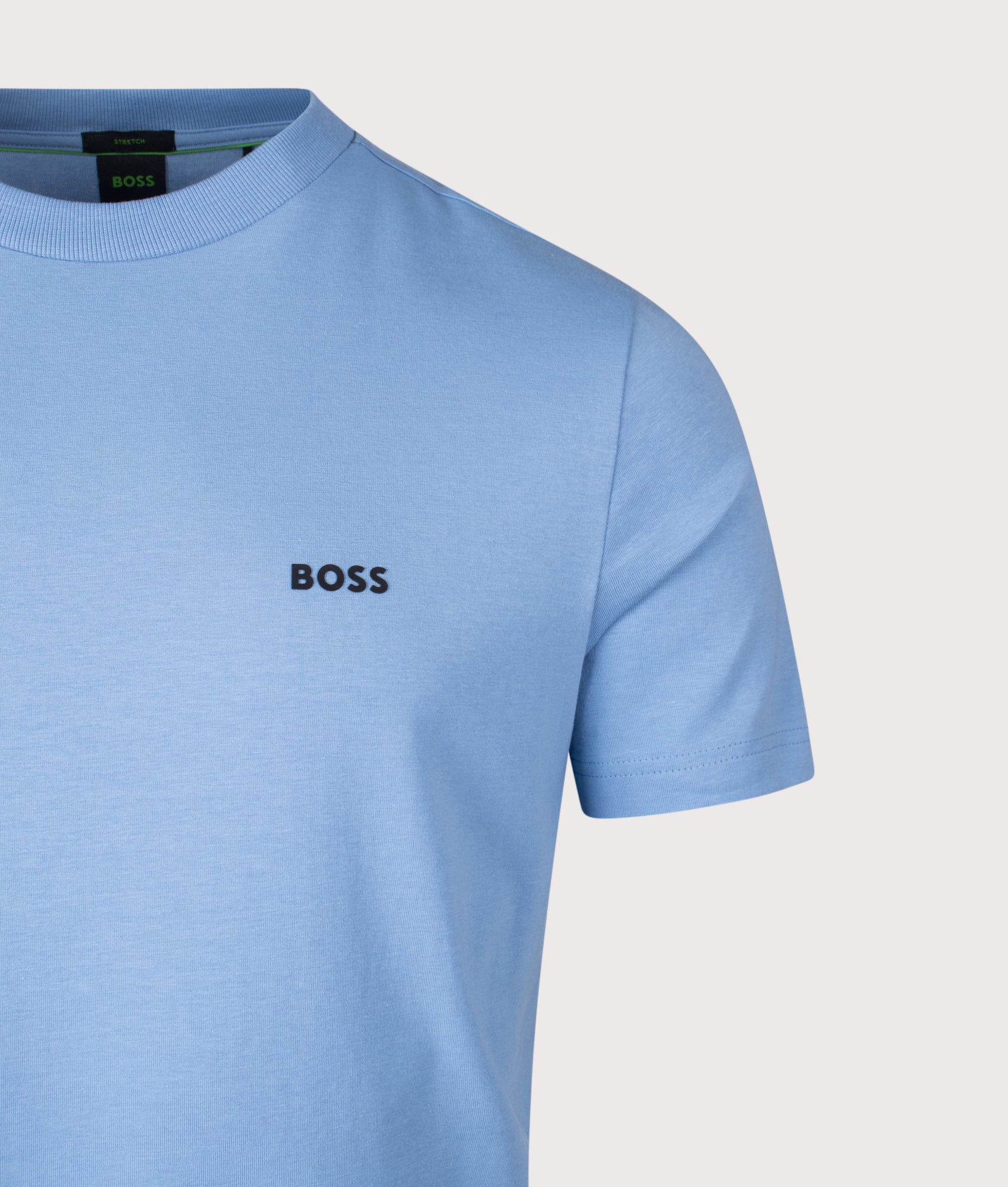 BOSS Crew Neck T-Shirt in Open Blue at EQVVS Menswear. Detail shot.