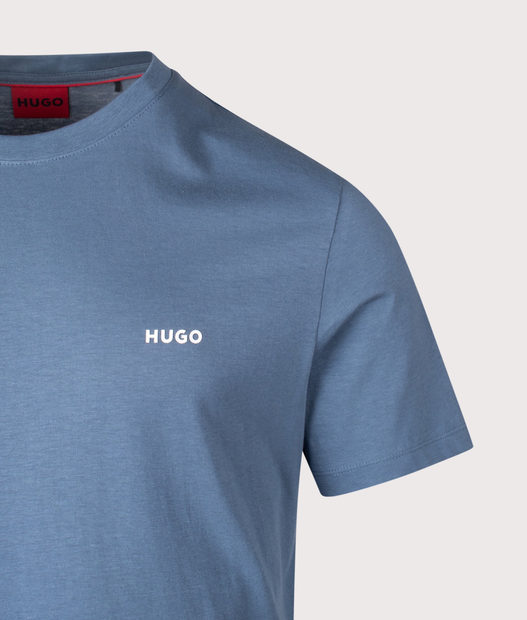 HUGO Dero222 T-Shirt in Open Blue at EQVVS Menswear. Detail shot.