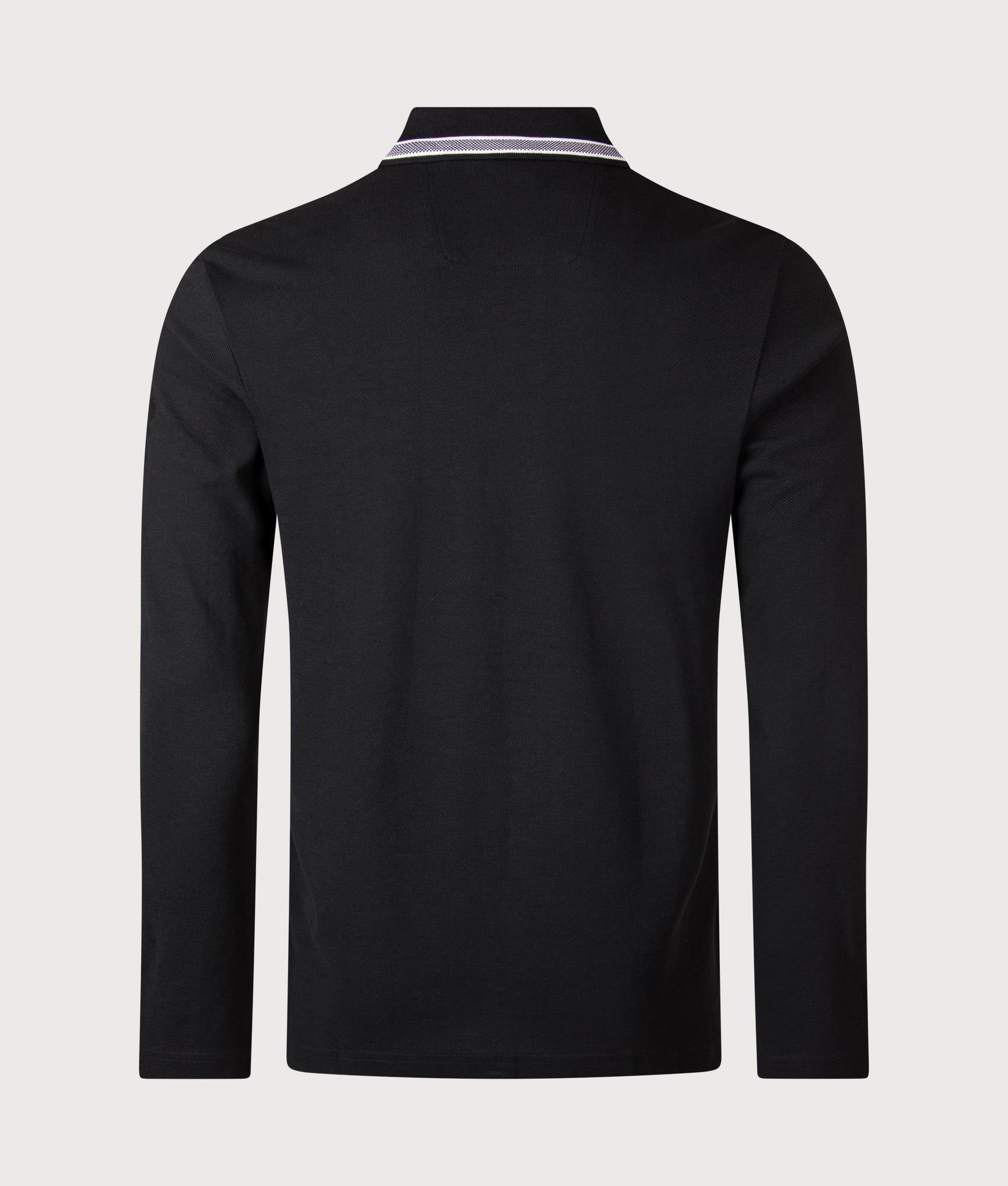 BOSS Plisy Long Sleeve Polo Shirt in Black at EQVVS Menswear. Back shot.