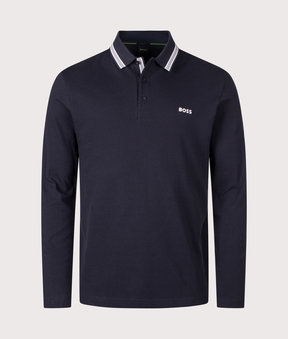 BOSS Regular Fit Plisy Long Sleeve Polo Shirt in Dark Blue at EQVVS Menswear. Front shot.