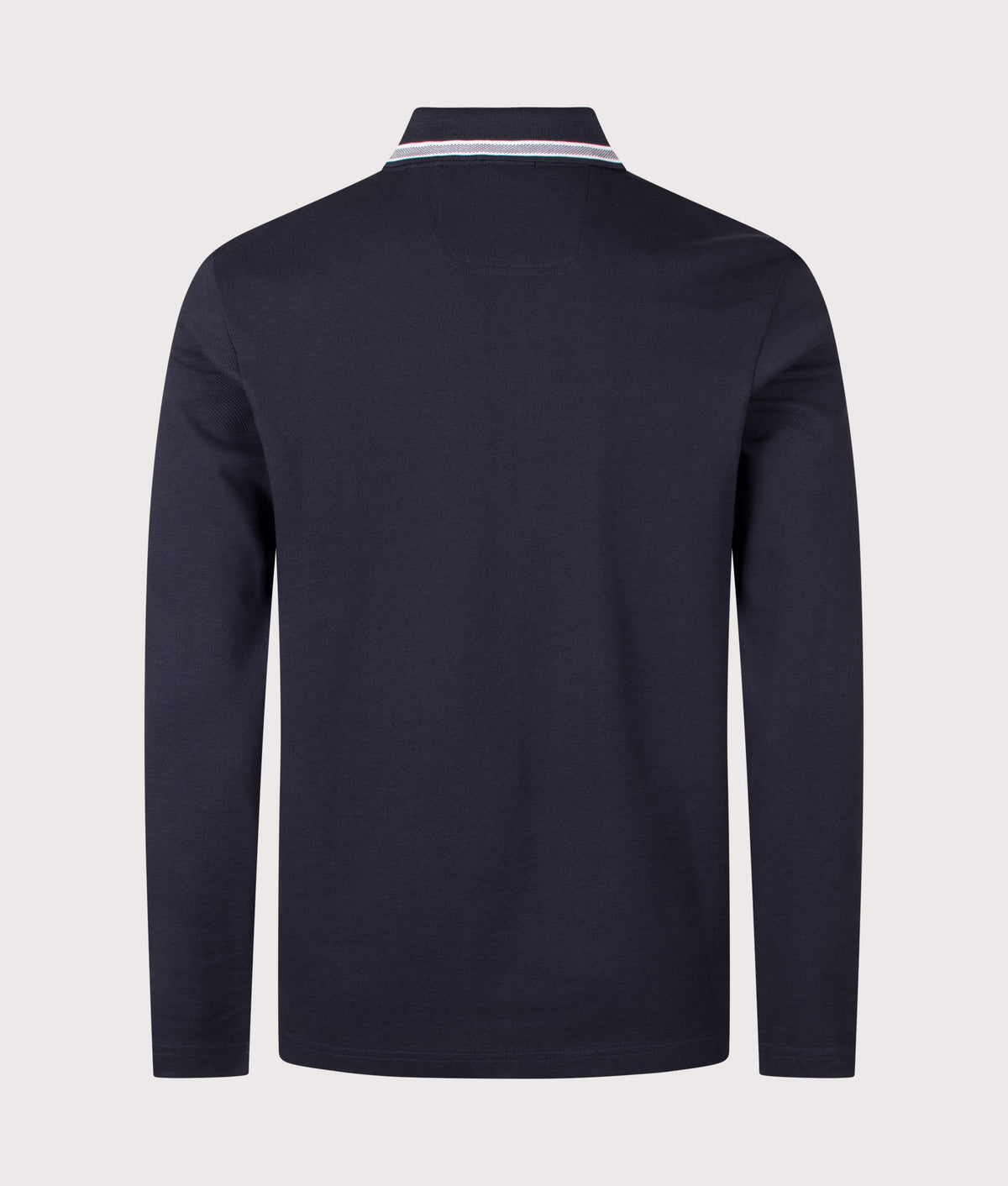 BOSS Regular Fit Plisy Long Sleeve Polo Shirt in Dark Blue at EQVVS Menswear. Back shot.