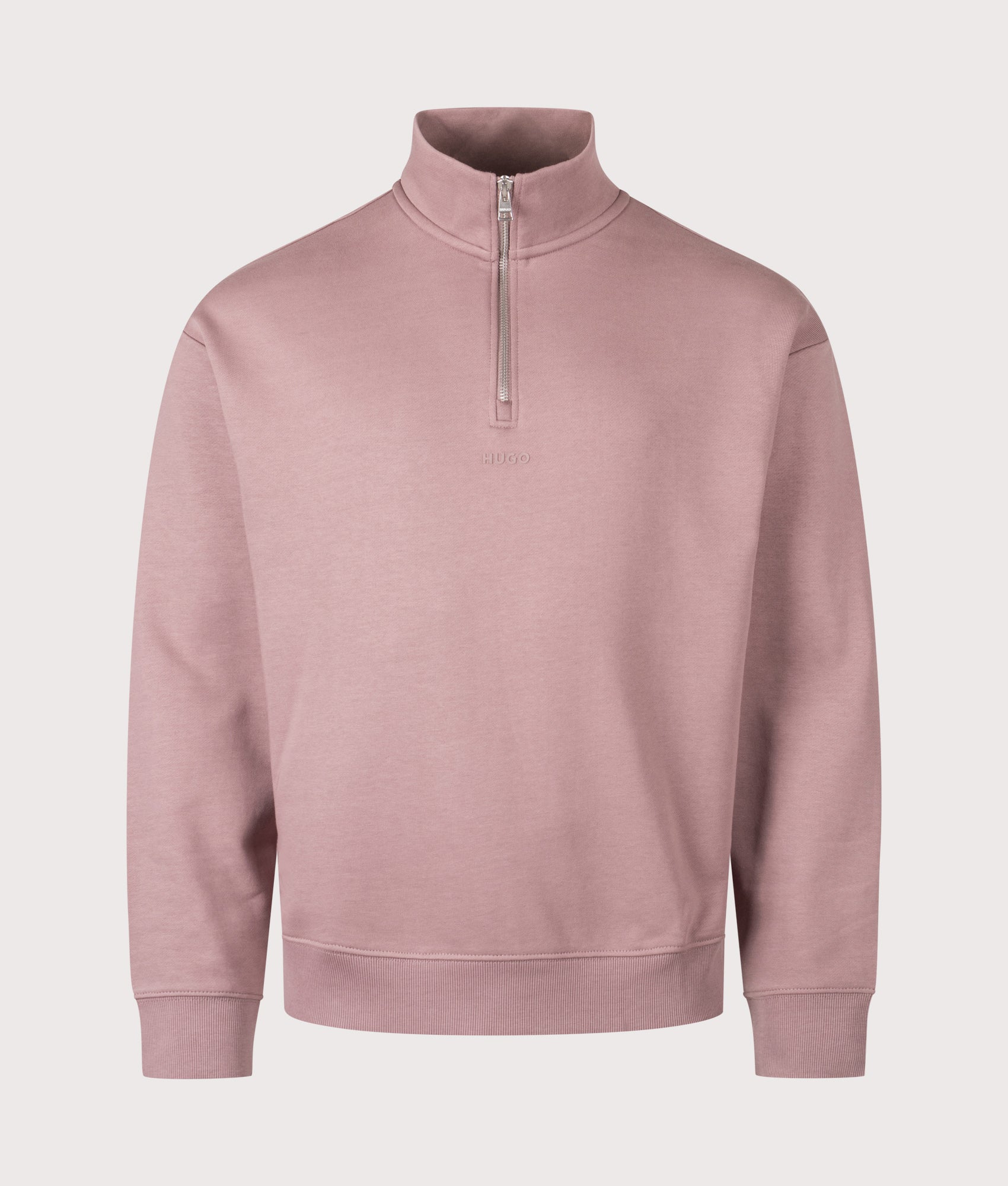 HUGO Relaxed fit Durty244 Quarter Zip Sweatshirt in Light/Pastel Brown at EQVVS Menswear. Front shot.