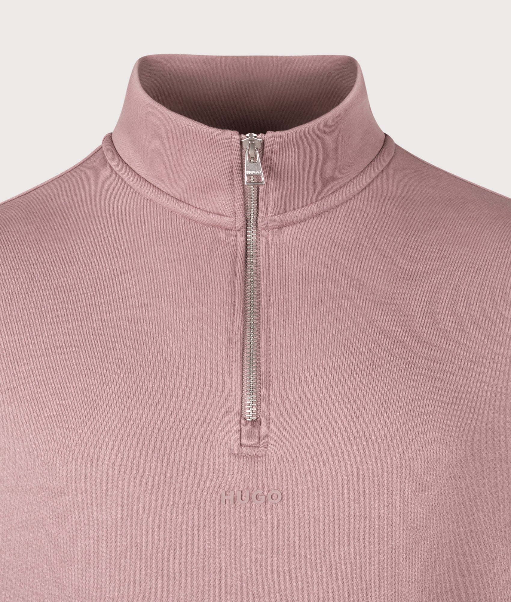 HUGO Relaxed fit Durty244 Quarter Zip Sweatshirt in Light/Pastel Brown at EQVVS Menswear. Detail shot.