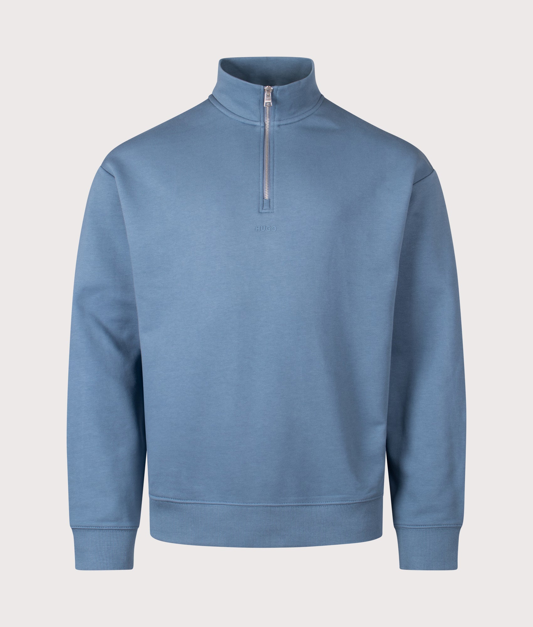 HUGO Relaxed fit Durty244 Quarter Zip Sweatshirt in Open Blue at EQVVS Menswear. Front shot.