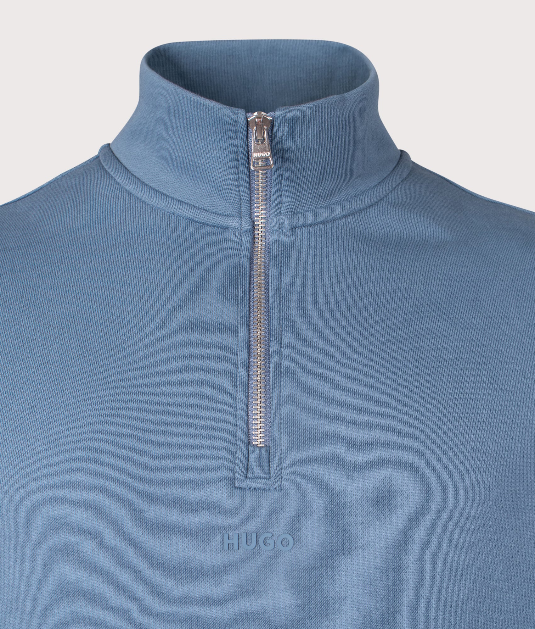 HUGO Relaxed fit Durty244 Quarter Zip Sweatshirt in Open Blue at EQVVS Menswear. Detail shot.