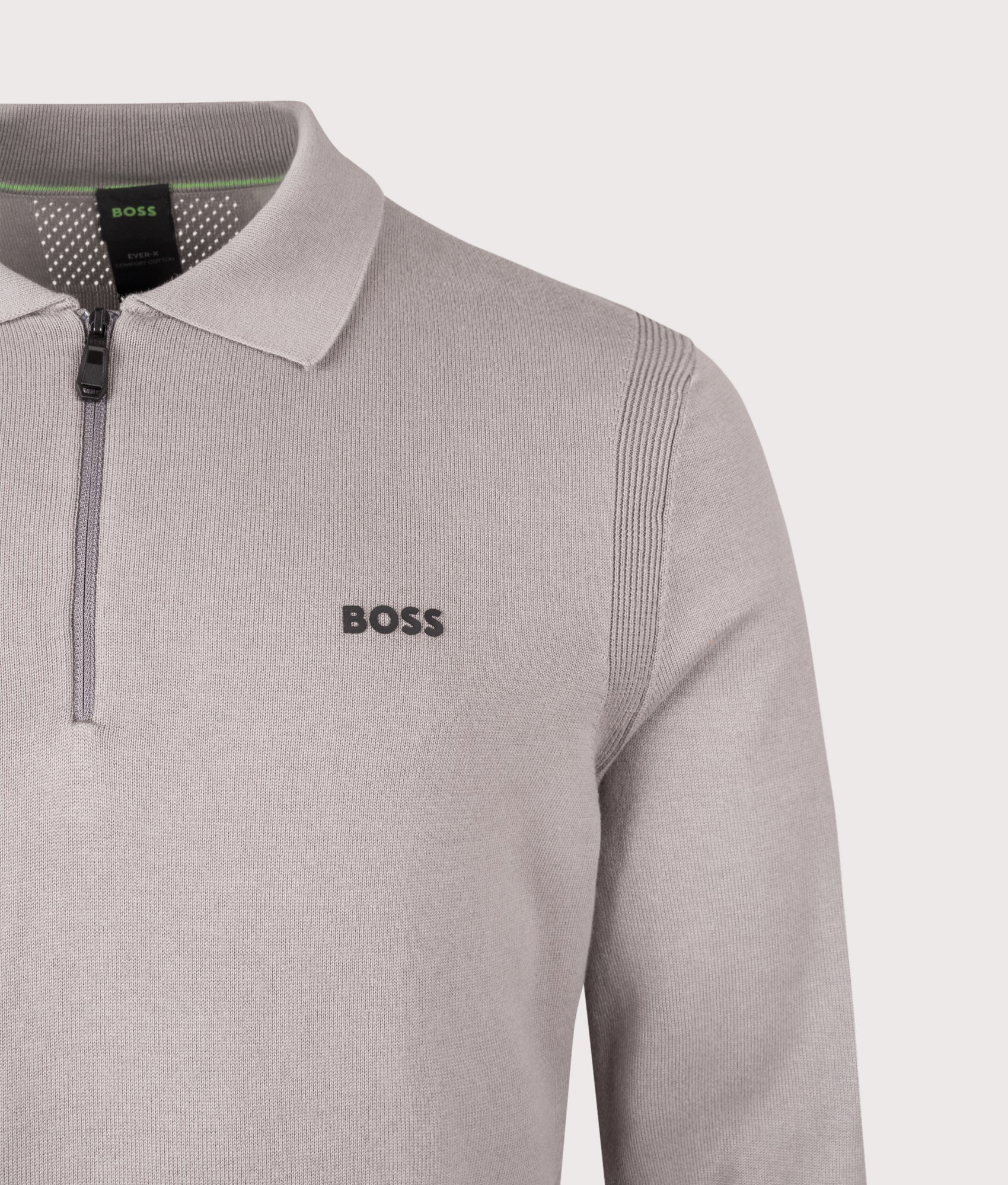 Ever-X Knitted Long Sleeve Polo Shirt in Open Grey | 100% Cotton | BOSS | EQVVS | Front detail shot 
