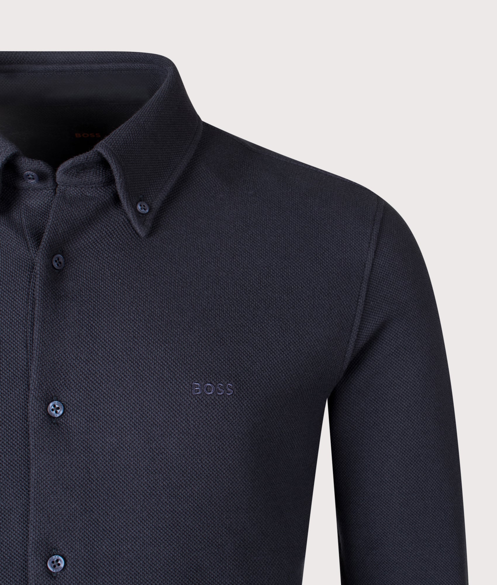 Slim Fit MyJersey Shirt in Dark Blue | BOSS | EQVVS | Front detail shot 
