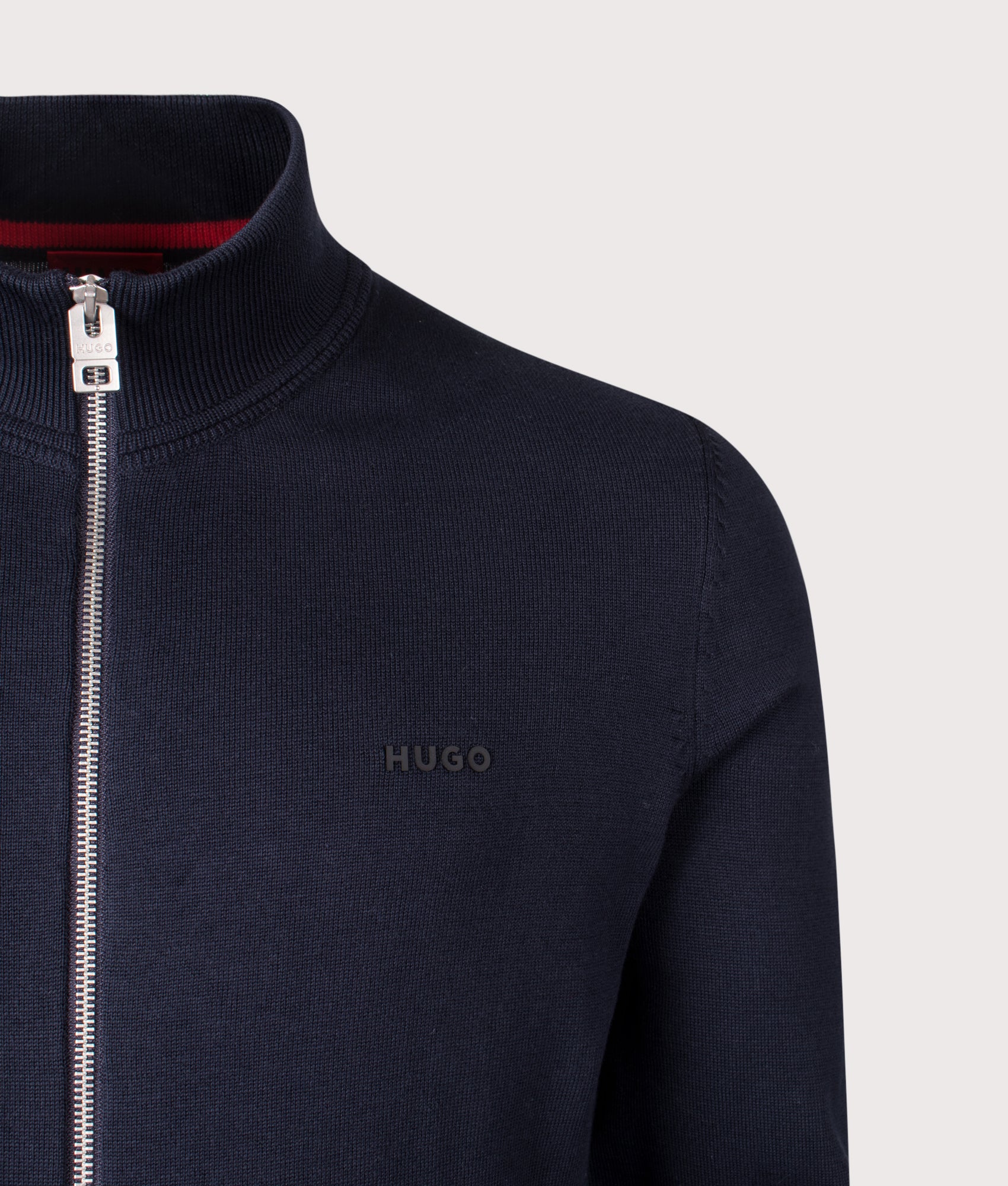 Slim Fit Zip Through San Jacomo-C Knit in Navy | 100% Cotton | HUGO | EQVVS | Front detail shot 