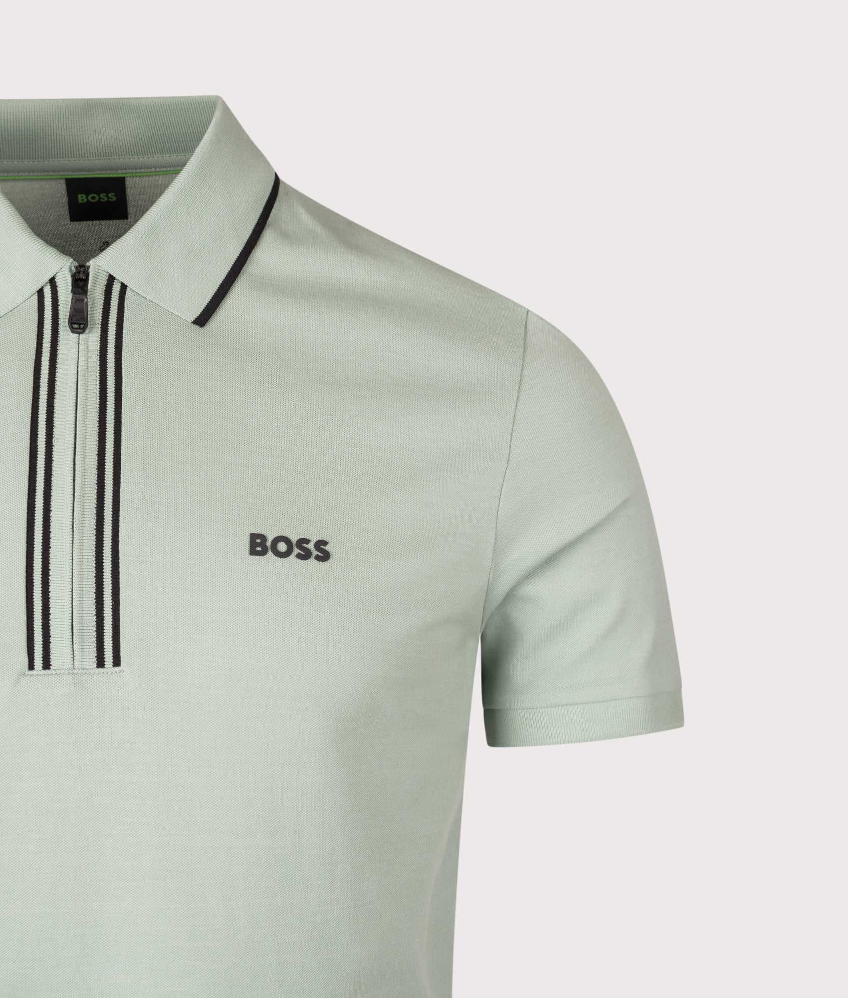 BOSS Philix Polo Shirt in Turquoise/Aqua at EQVVS Menswear. Detail shot.