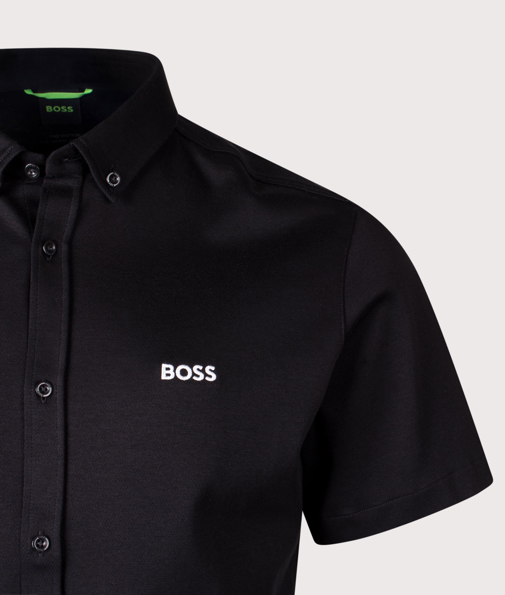 BOSS Short Sleeve Motion Shirt in Black at EQVVS Menswear. Detail shot.