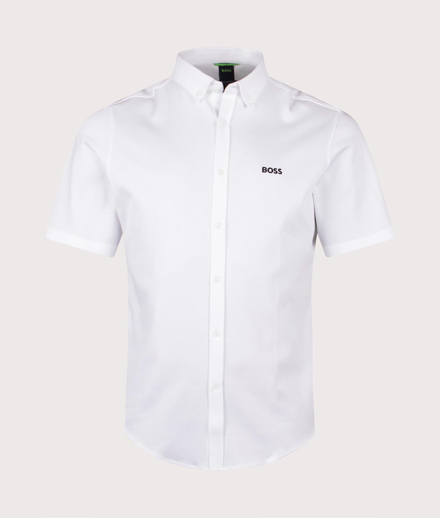BOSS Short Sleeve Motion Shirt in White at EQVVS Menswear. Front shot.