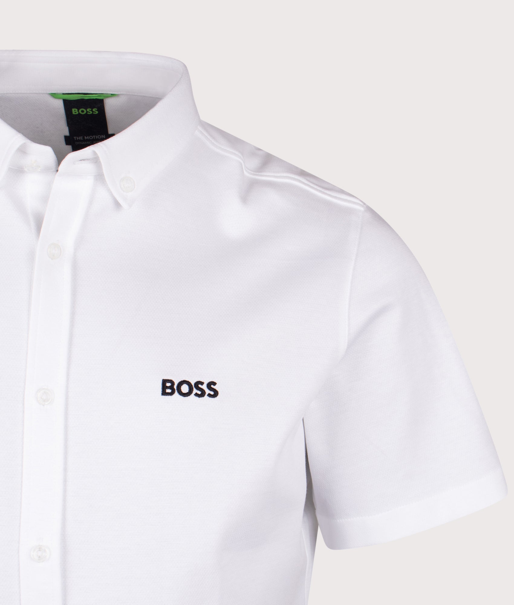 BOSS Short Sleeve Motion Shirt in White at EQVVS Menswear. Detail shot.