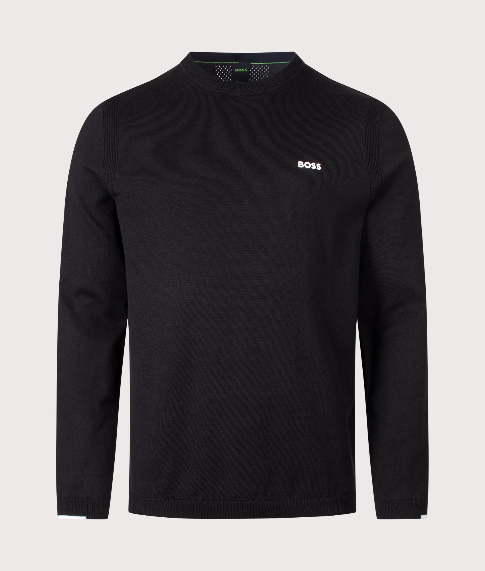 BOSS Regular Fit Ever-X Crew Neck Knitted Jumper in Black at EQVVS Menswear. Front shot.