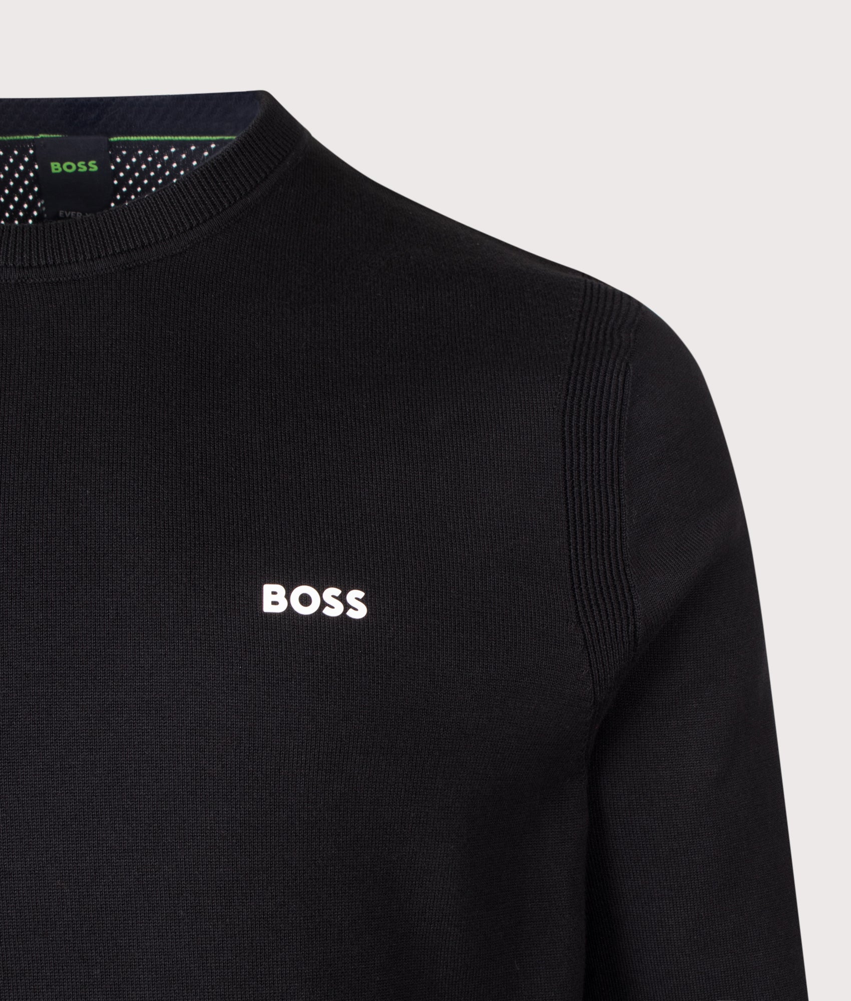 BOSS Regular Fit Ever-X Crew Neck Knitted Jumper in Black at EQVVS Menswear. Detail shot.