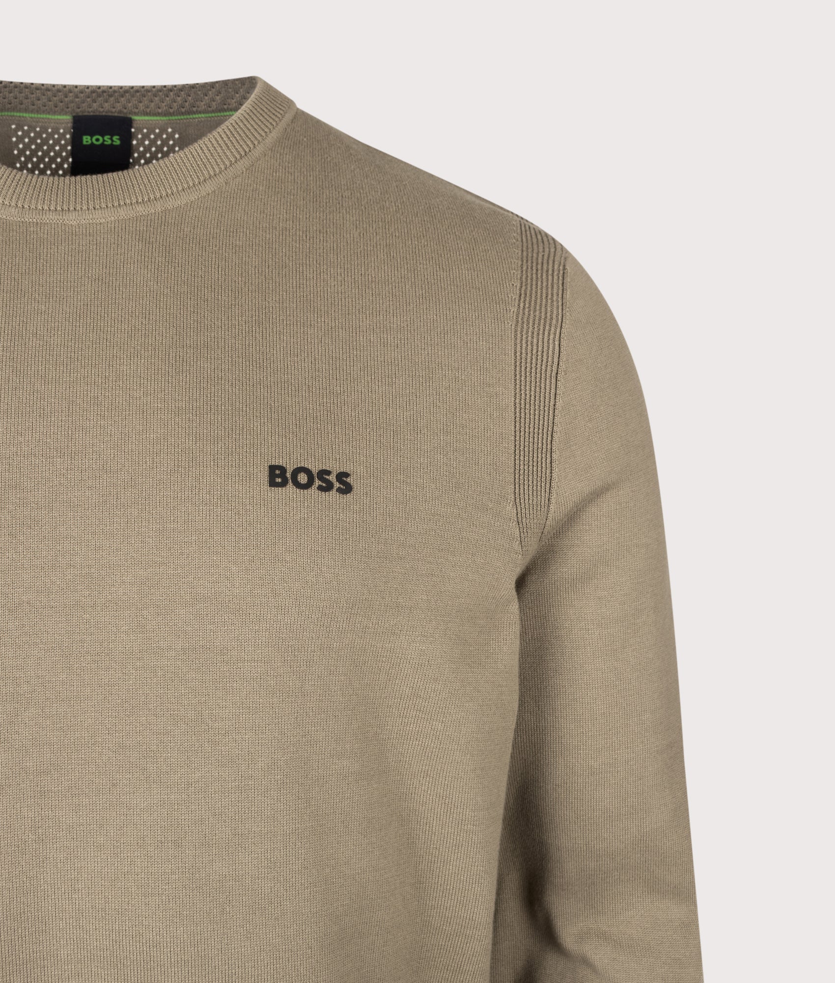 BOSS Regular Fit Ever-X Crew Neck Knitted Jumper in Light/Pastel Green at EQVVS Menswear. Detail shot.