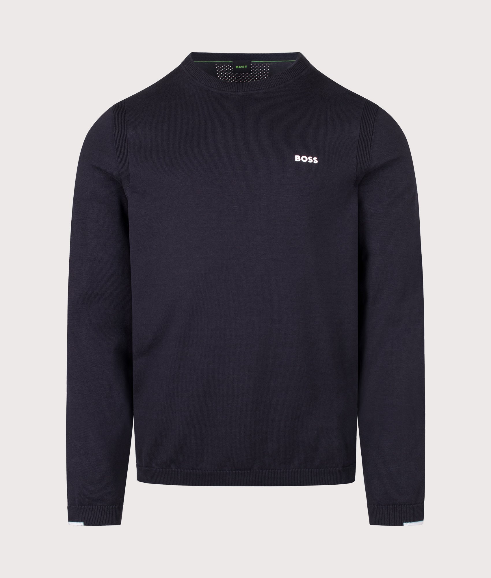 BOSS Regular Fit Ever-X Crew Neck Knitted Jumper in Dark Blue at EQVVS Menswear. Front shot.