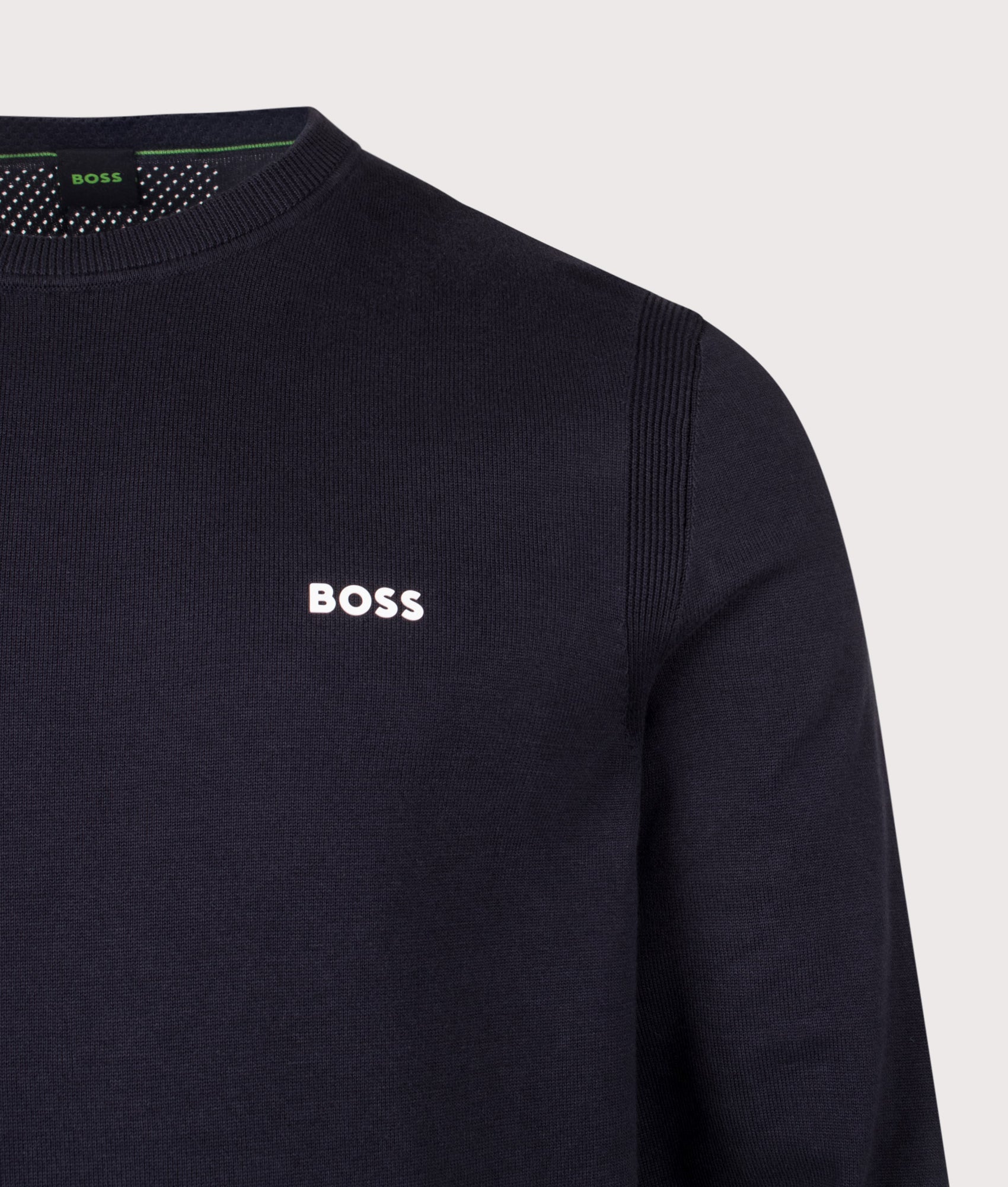 BOSS Regular Fit Ever-X Crew Neck Knitted Jumper in Dark Blue at EQVVS Menswear. Detail shot.