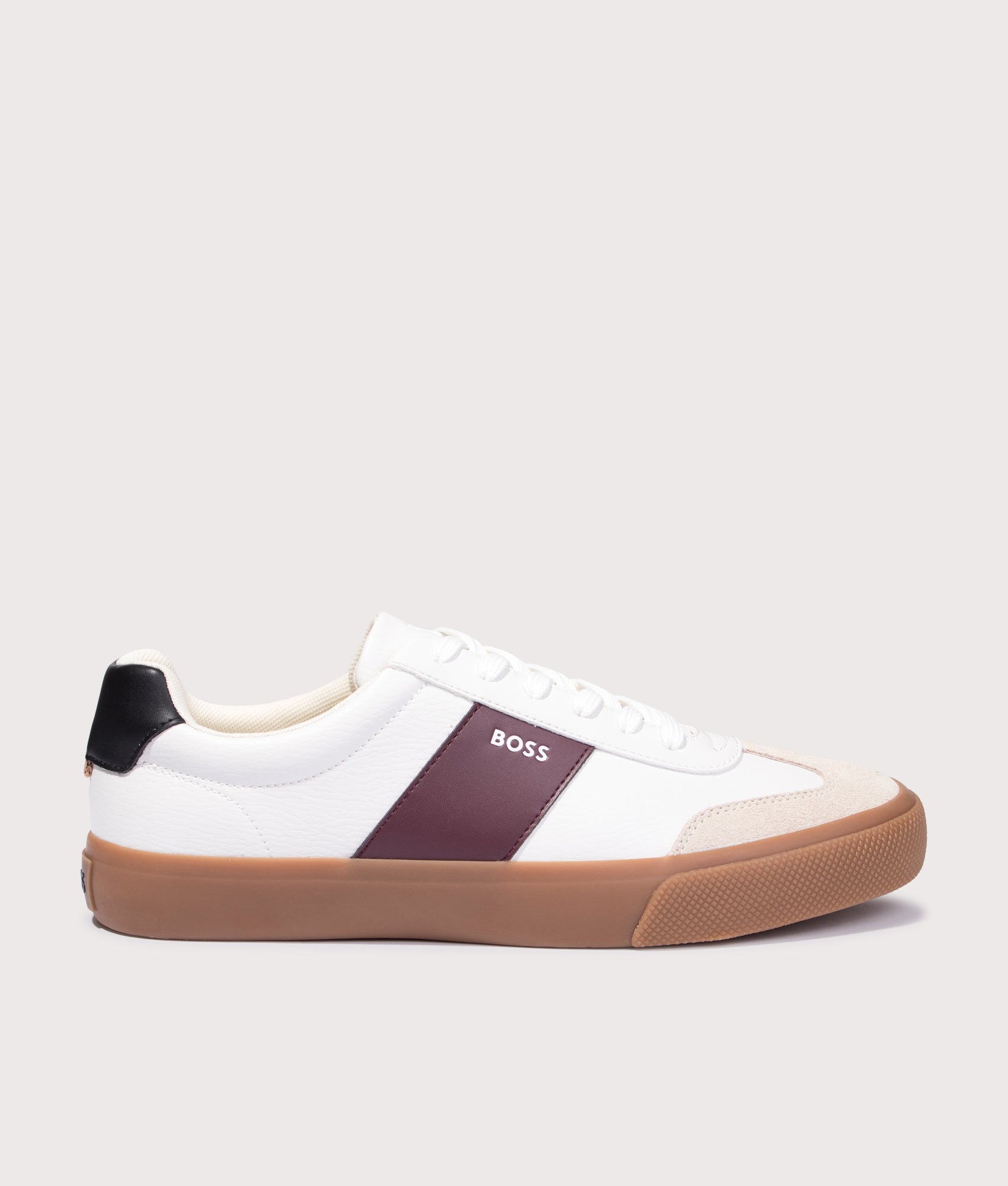 BOSS Aiden Tenn Trainers in Open White at EQVVS Menswear. Side shot.