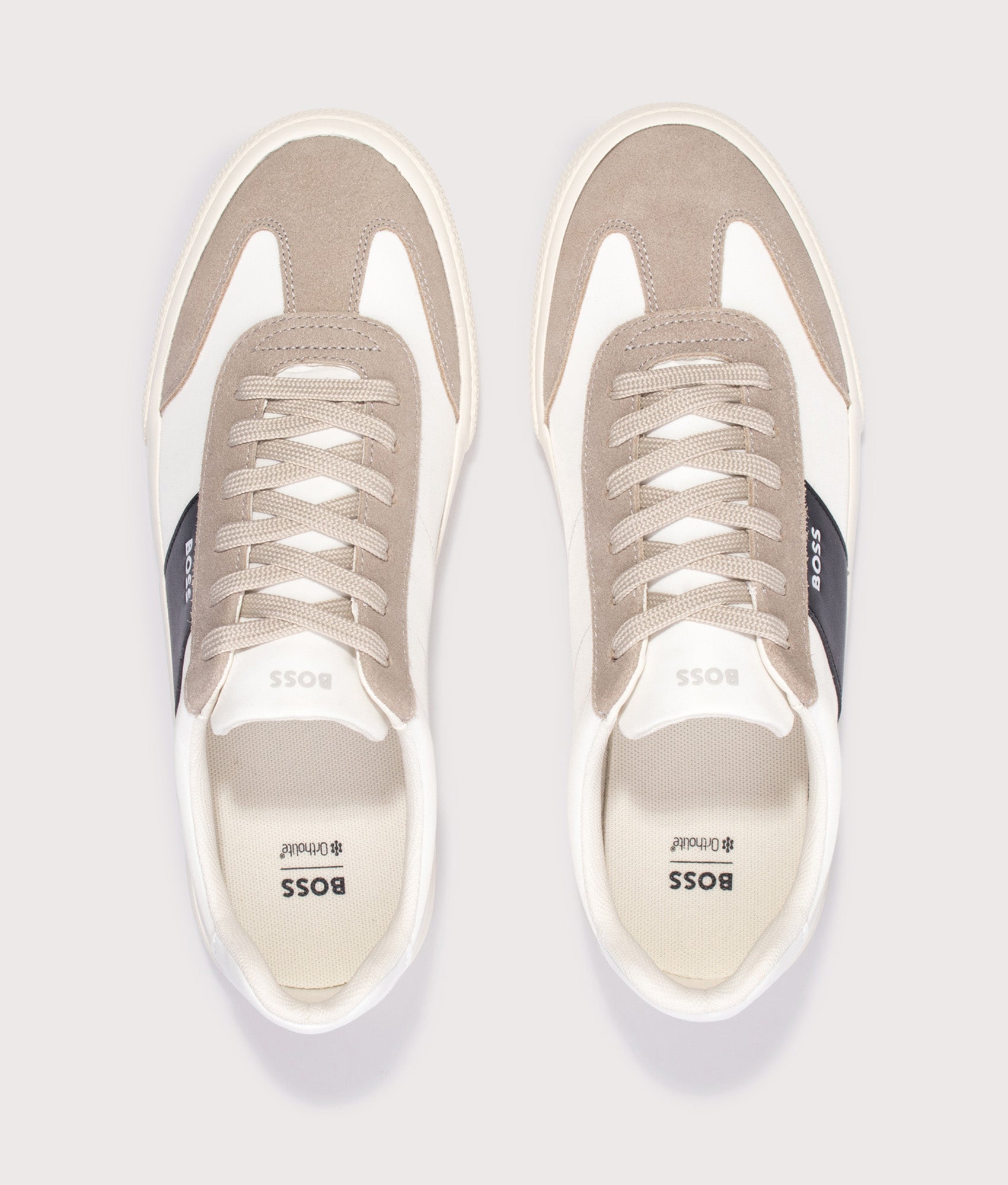 BOSS Aiden Tenn Trainers in Light Beige at EQVVS Menswear. Top shot.