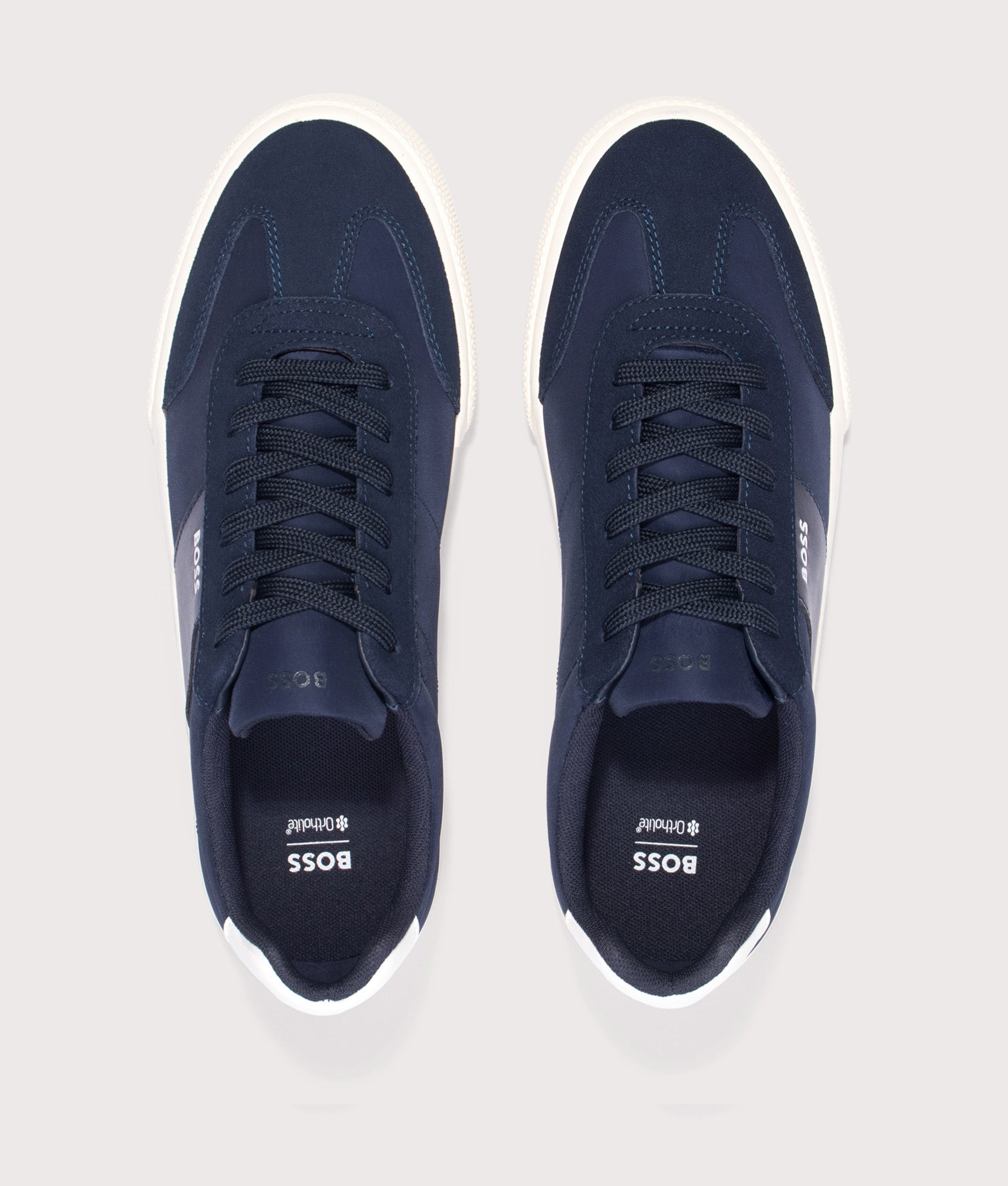 BOSS Aiden Tenn Trainers in Dark Blue at EQVVS Menswear. Top shot.