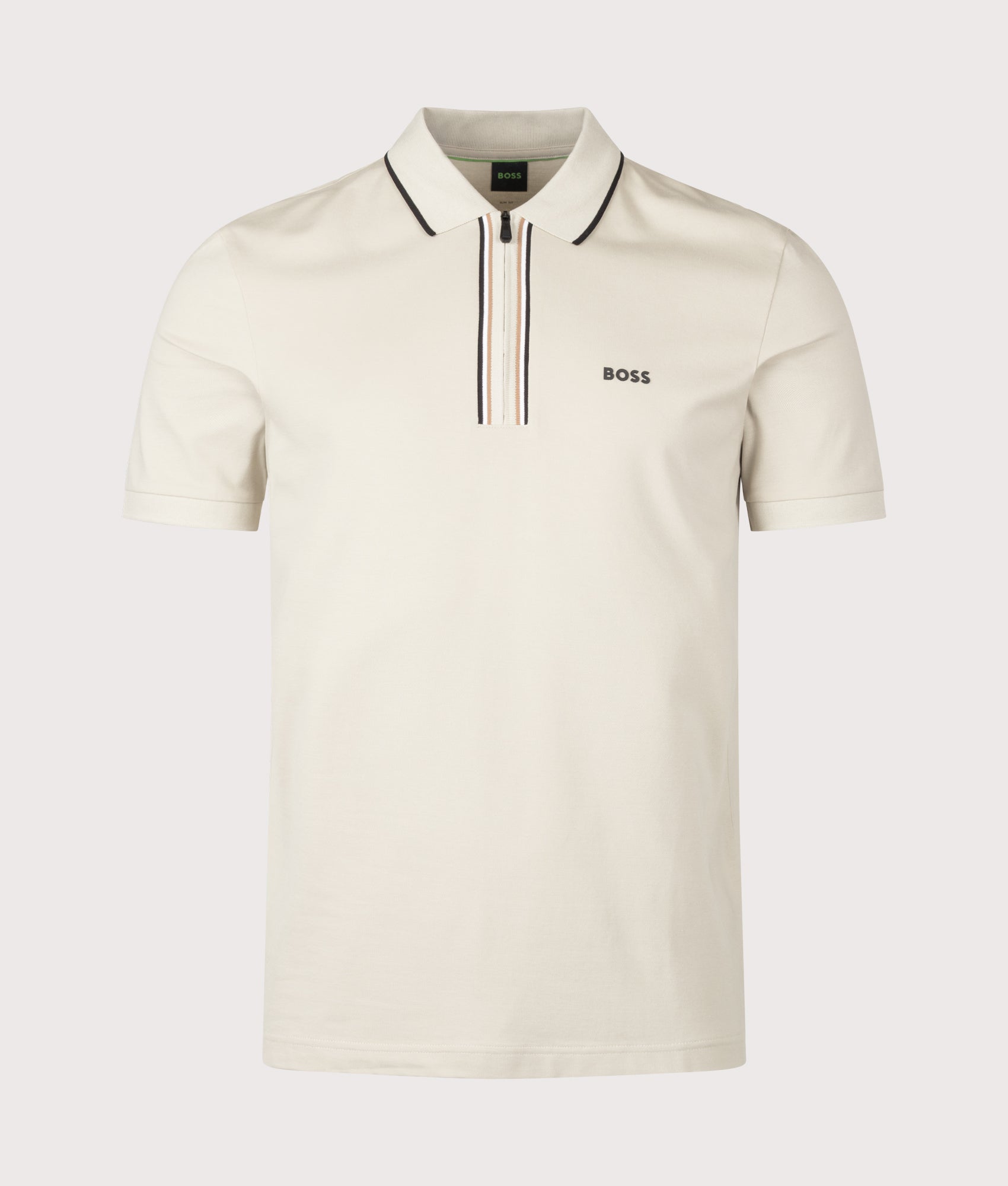 BOSS Slim Fit Philix Polo Shirt in Light Beige at EQVVS Menswear. Front shot.