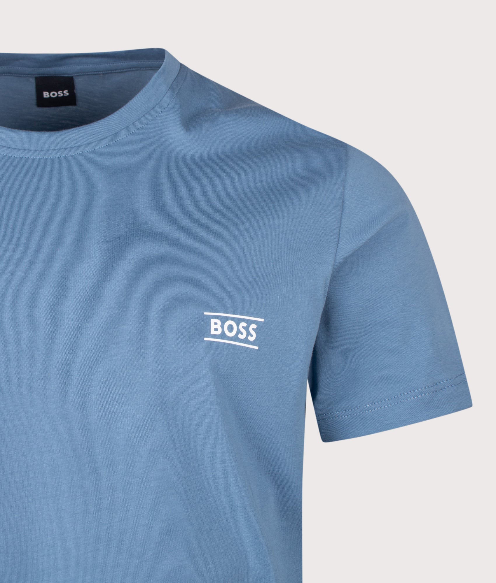 BOSS 365 RN T-Shirt in Light/Pastel Blue at EQVVS Menswear. Detail shot.
