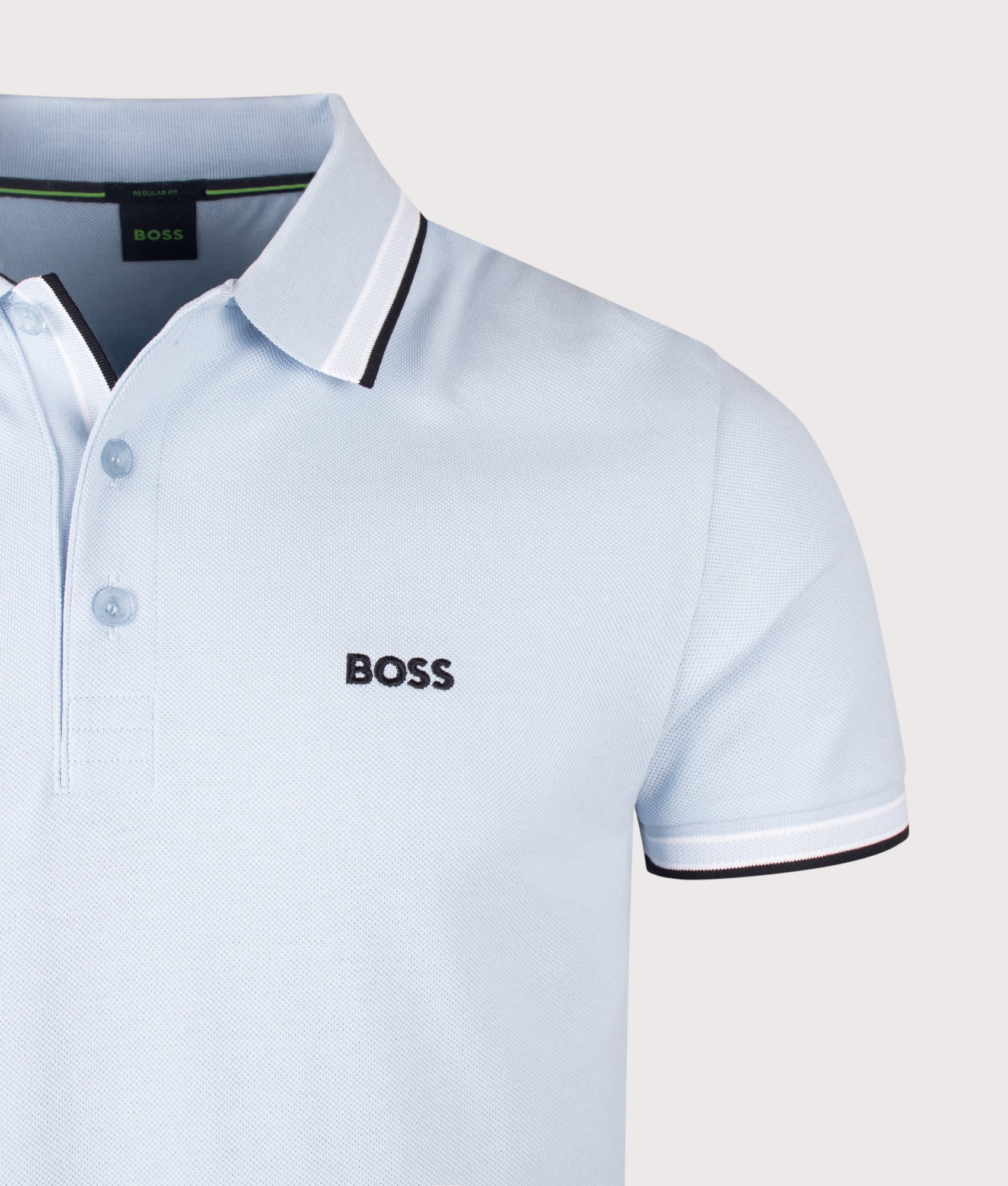 Paddy Polo Shirt in Open Blue by BOSS. Shot by EQVVS. Detail shot.