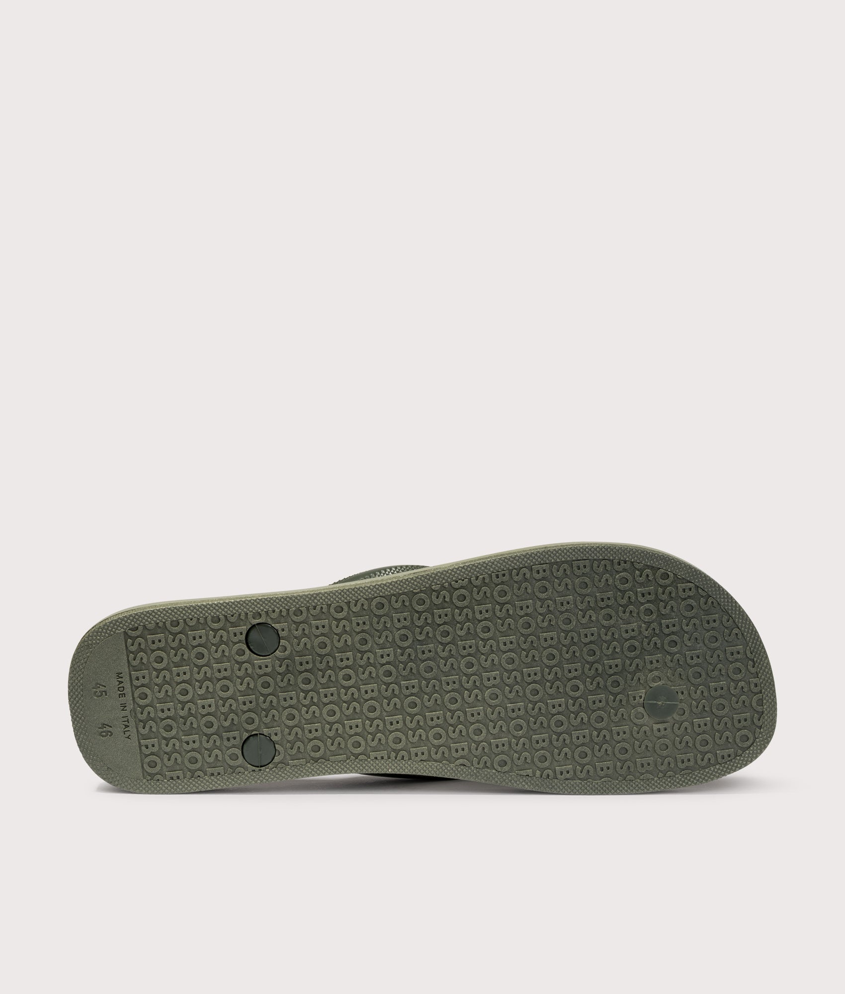 BOSS Tracy Branded Strap Flip Flops in Open Green at EQVVS Menswear. Tread shot.
