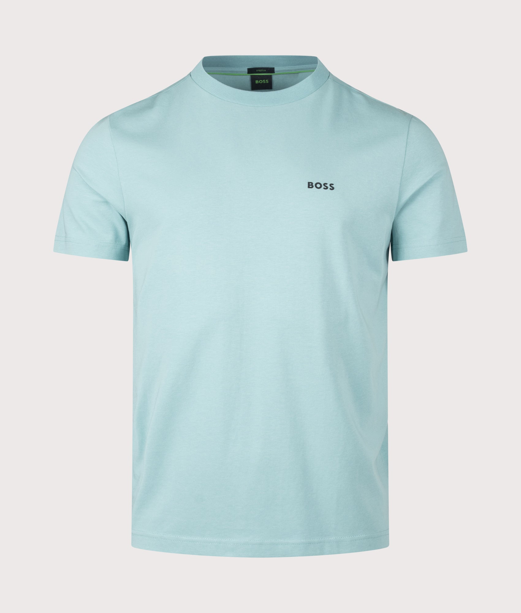 Crew Neck Tee T-Shirt in Turquoise/Aqua by BOSS. Shot by EQVVS. Front shot.