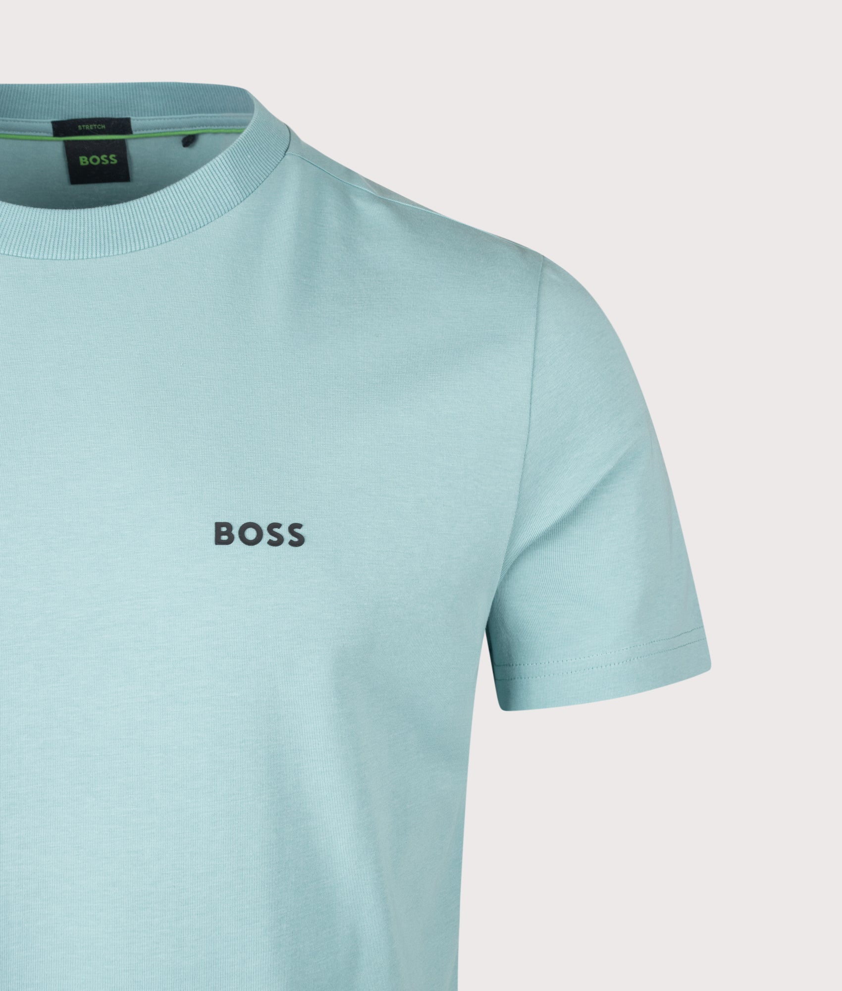 Crew Neck Tee T-Shirt in Turquoise/Aqua by BOSS. Shot by EQVVS. Detail shot.