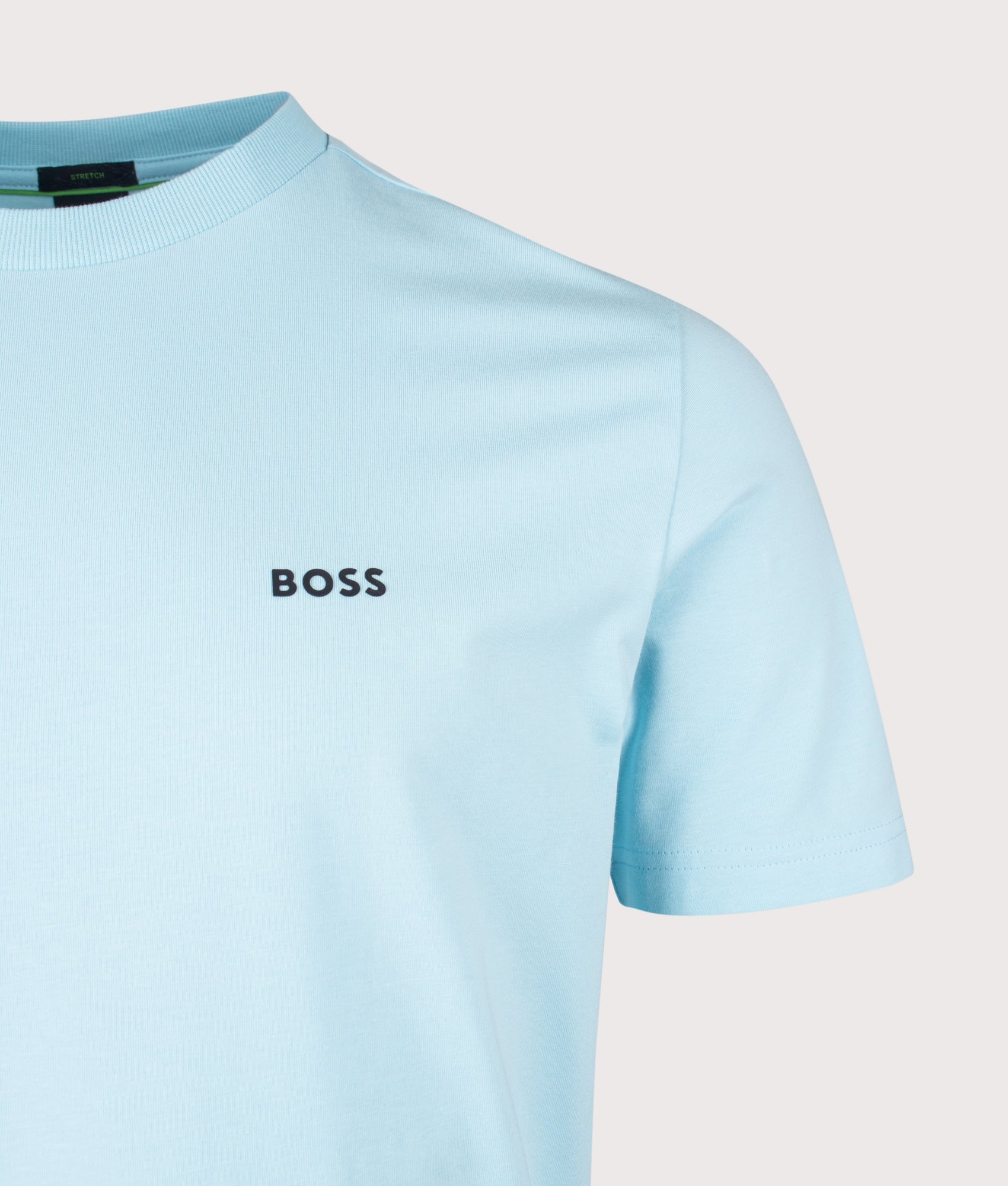 BOSS Crew Neck Tee T-Shirt in Light/Pastel Blue at EQVVS Menswear. Detail shot.