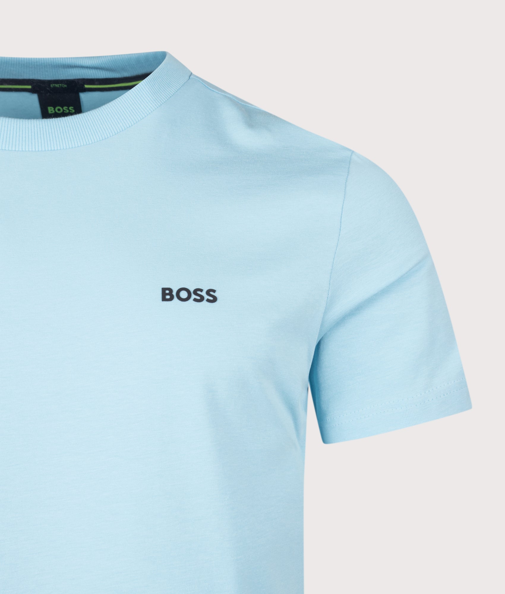 BOSS Crew Neck Tee T-Shirt in Light/Pastel Blue at EQVVS Menswear. Detail shot.