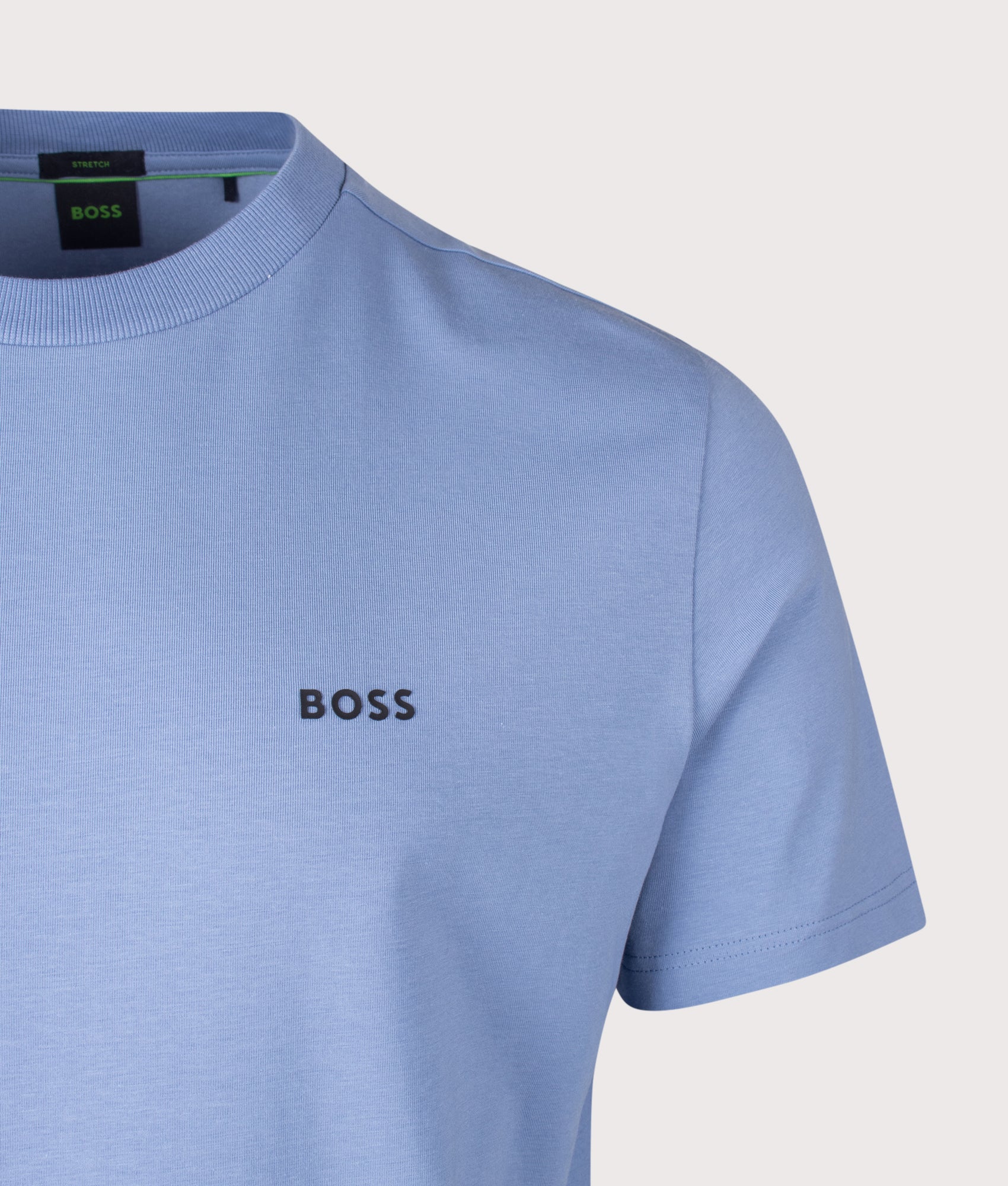 Crew Neck Tee T-Shirt in Light/Pastel Blue by BOSS. Shot by EQVVS. Detail shot.