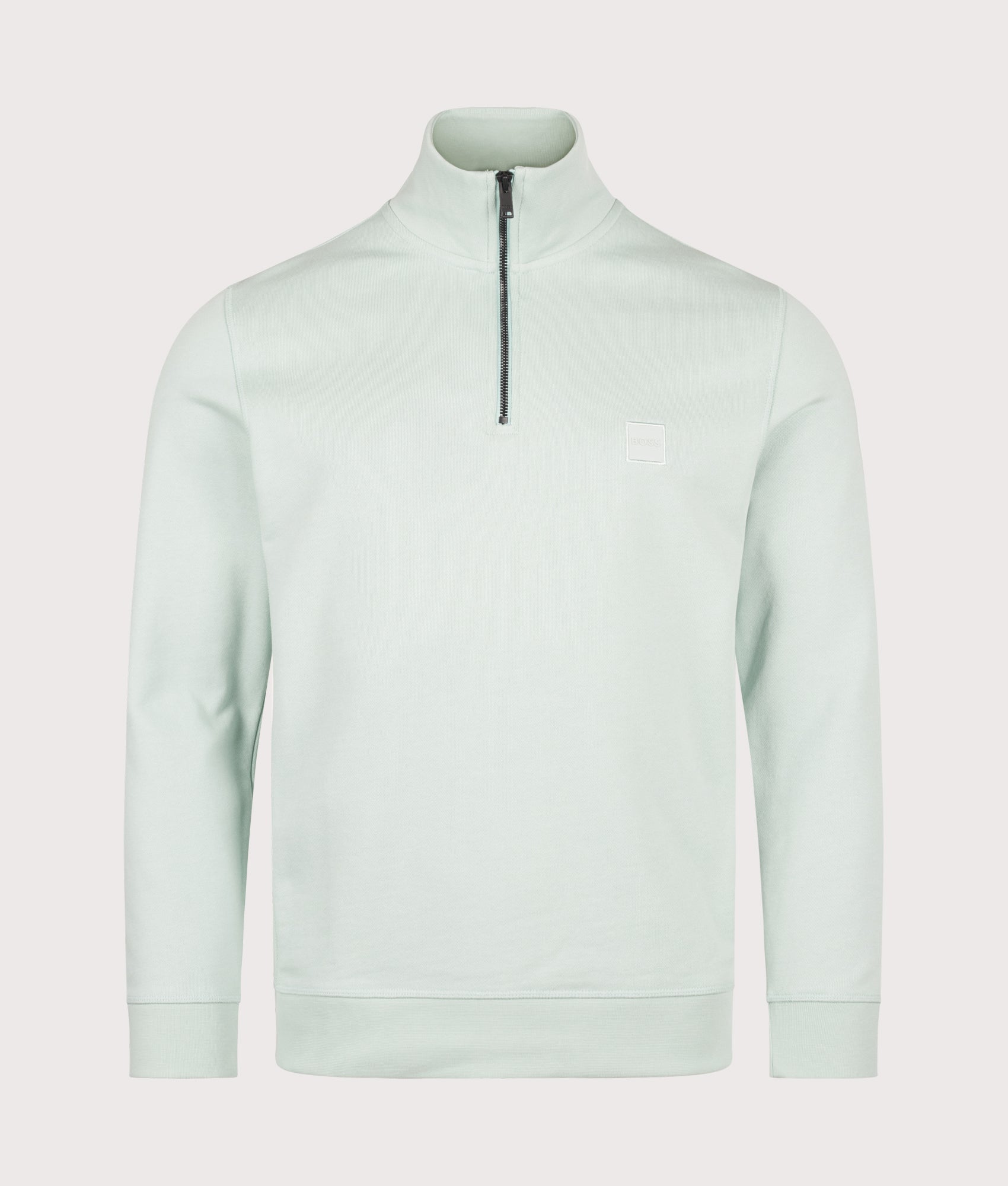 BOSS Quarter Zip Zetrust Sweatshirt in Turquoise/Aqua at EQVVS Menswear. Front shot.