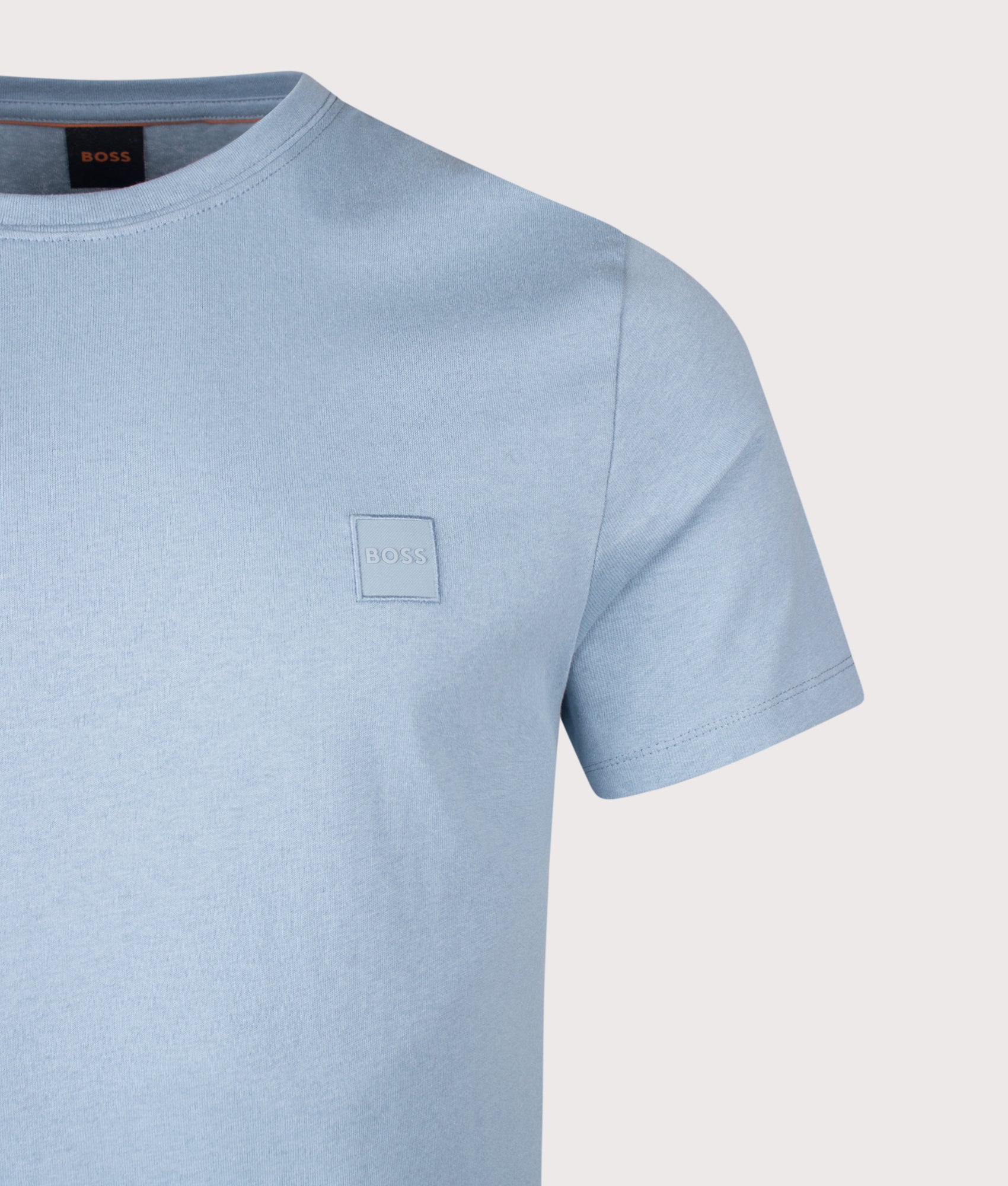 Tales T-Shirt in Light/Pastel Blue by BOSS. Shot by EQVVS. Detail shot.