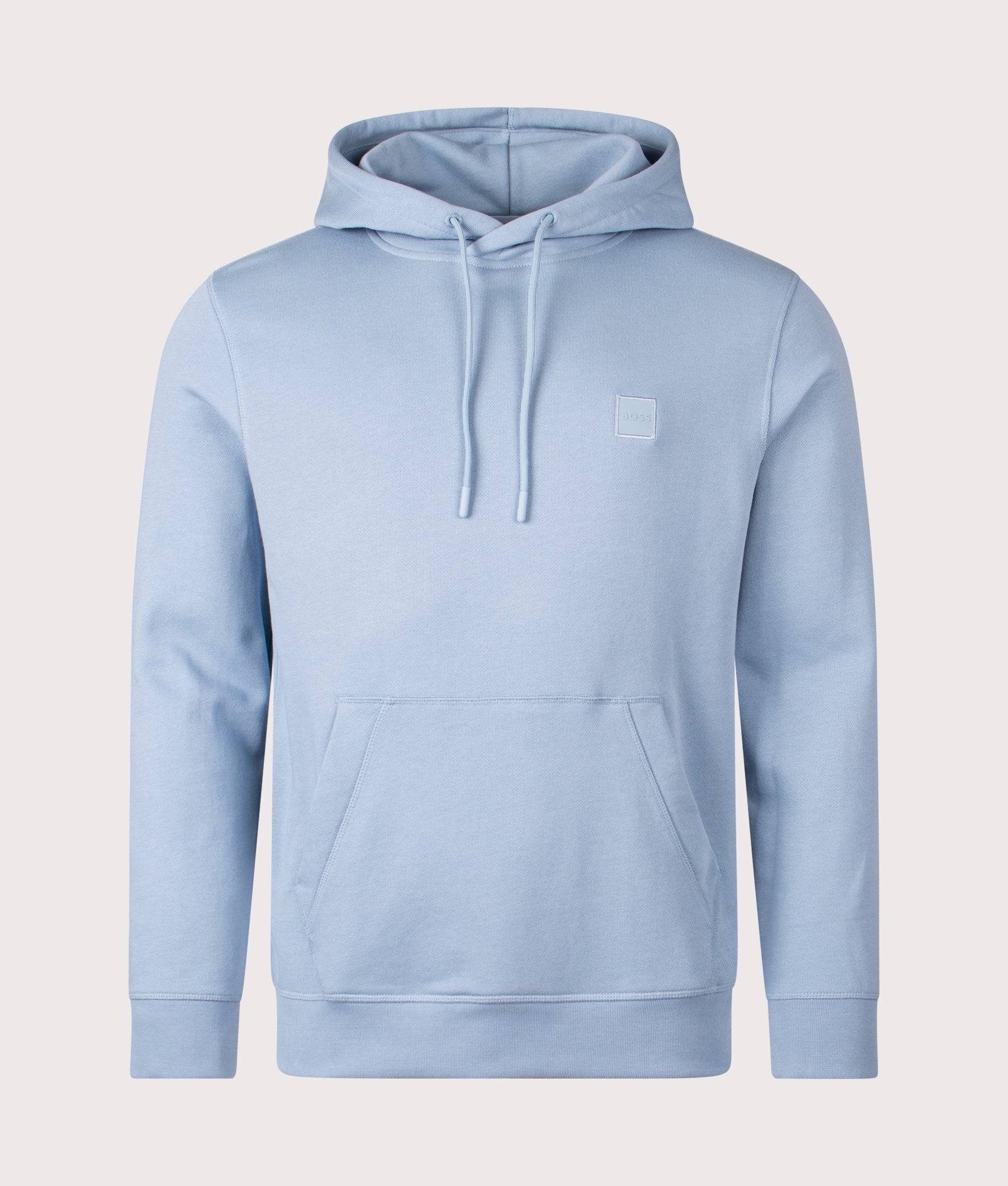 BOSS Wetalk Hoodie in Light/Pastel Blue at EQVVS Menswear. Front shot.
