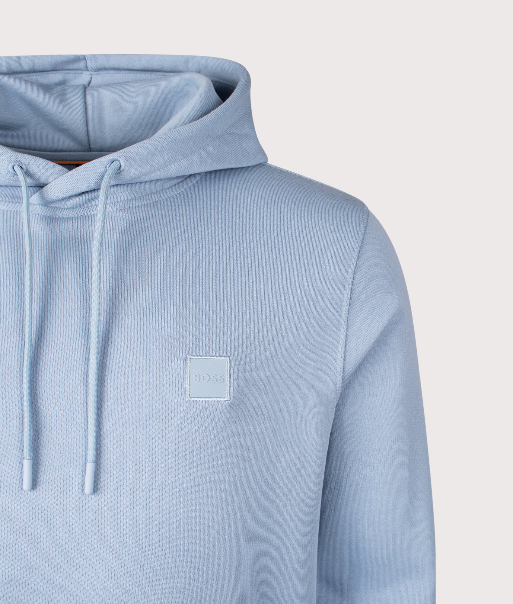 BOSS Wetalk Hoodie in Light/Pastel Blue at EQVVS Menswear. Detail shot.
