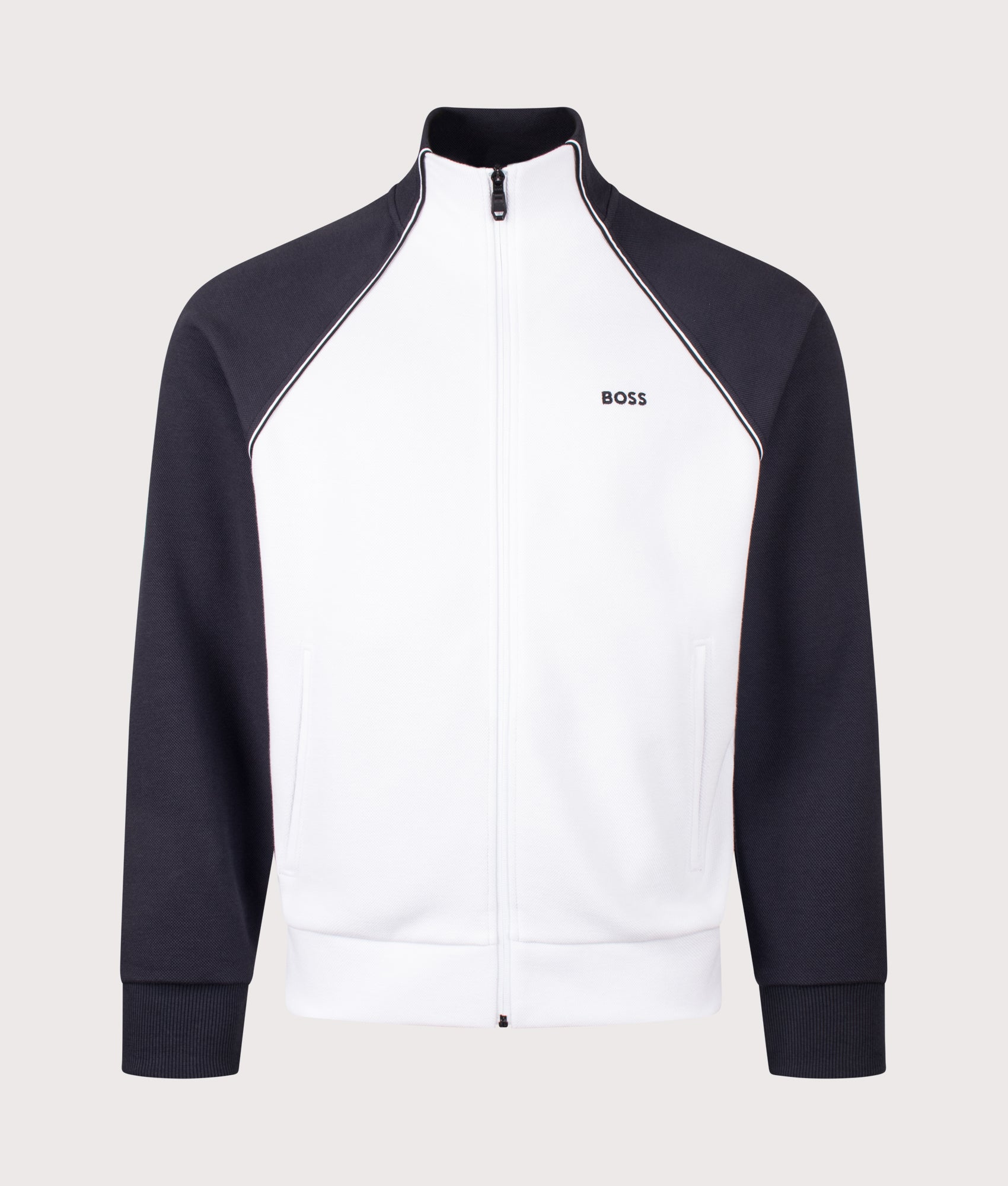 Join Skaz Track Top in White by BOSS. Shot by EQVVS. Front shot.