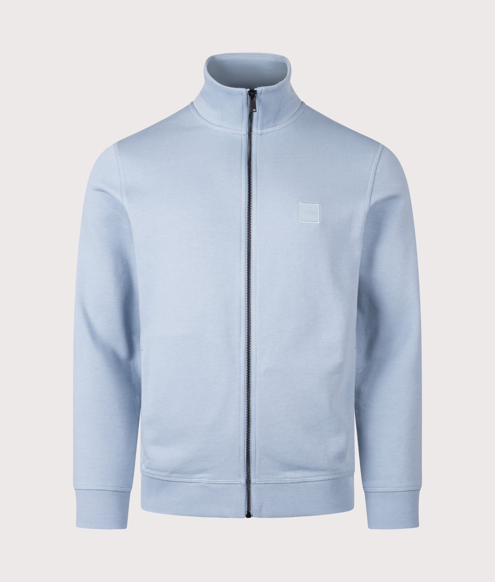 BOSS Zestart Zip Through Sweatshirt in Light/Pastel Blue at EQVVS Menswear. Front shot.