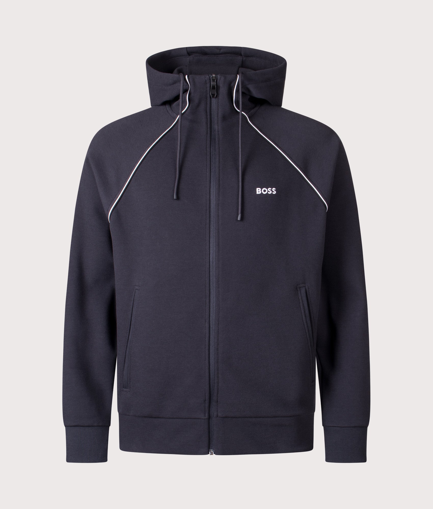 BOSS Join Saggy Zip Through Hoodie in Dark Blue at EQVVS Menswear. Front shot.
