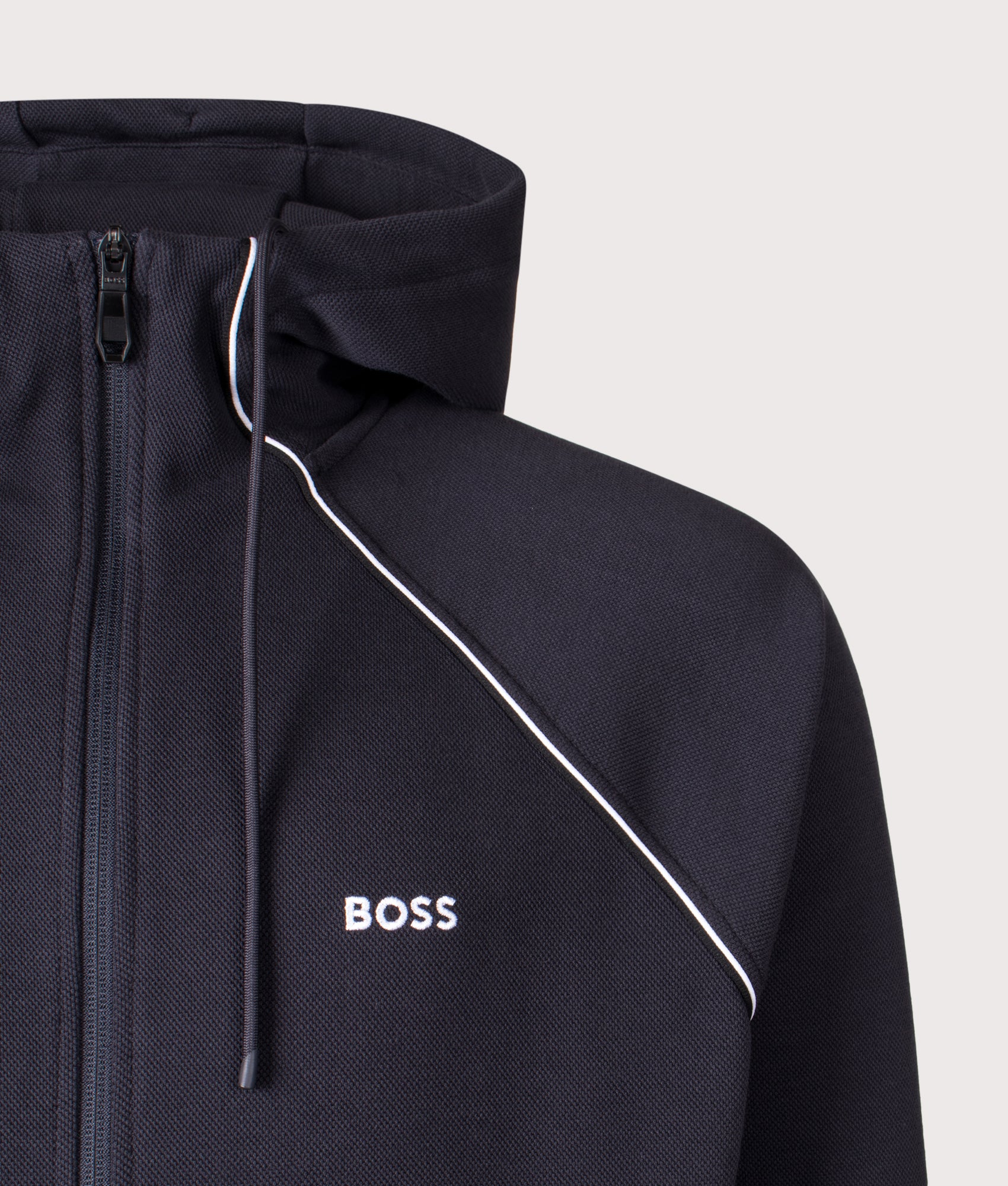 BOSS Join Saggy Zip Through Hoodie in Dark Blue at EQVVS Menswear. Detail shot.